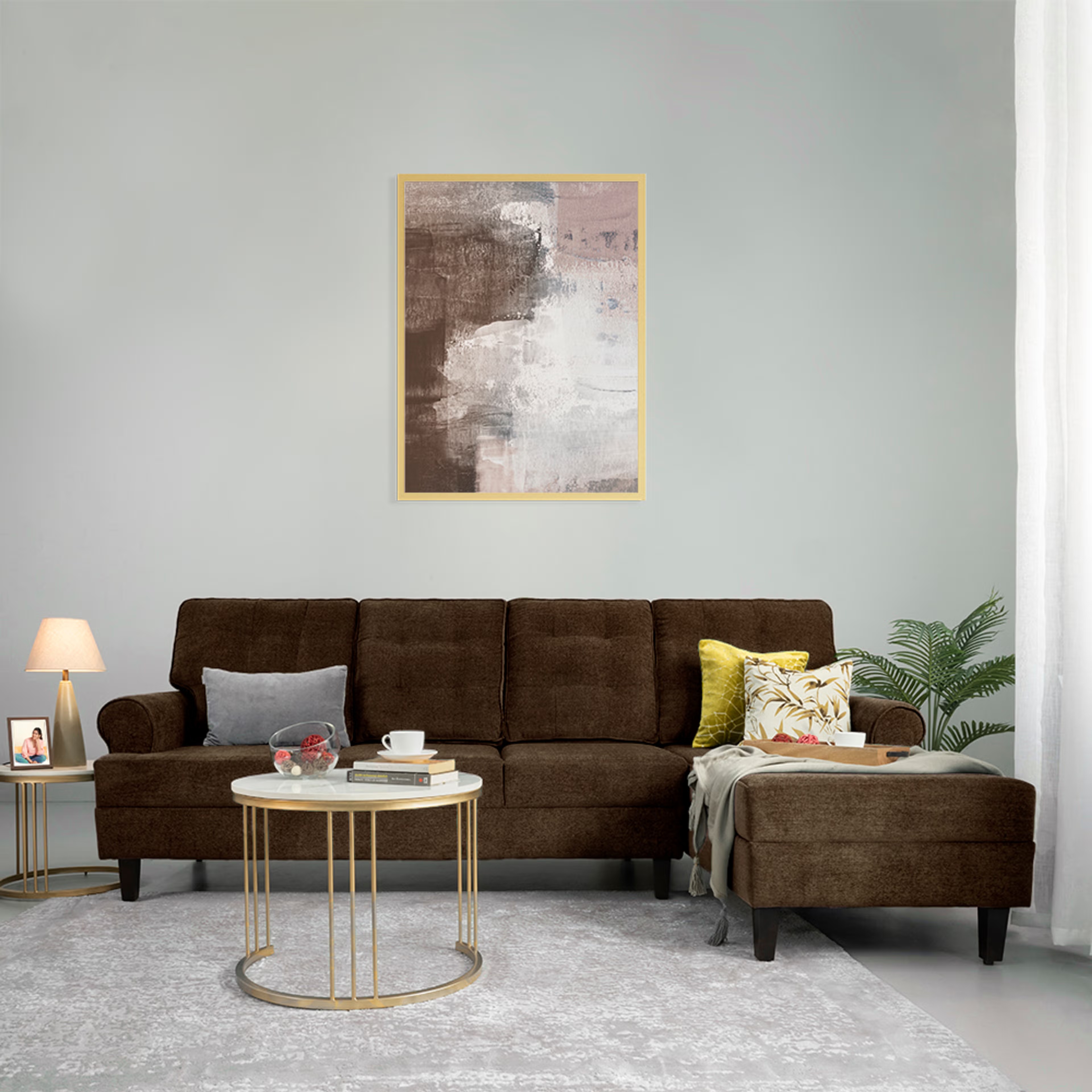 Wakefit Dreamer L Shape Sofa Set (3 Seater + Right Aligned Chaise) Sectional, 3 + Right Aligned Chaise, Malphino Dark Earth