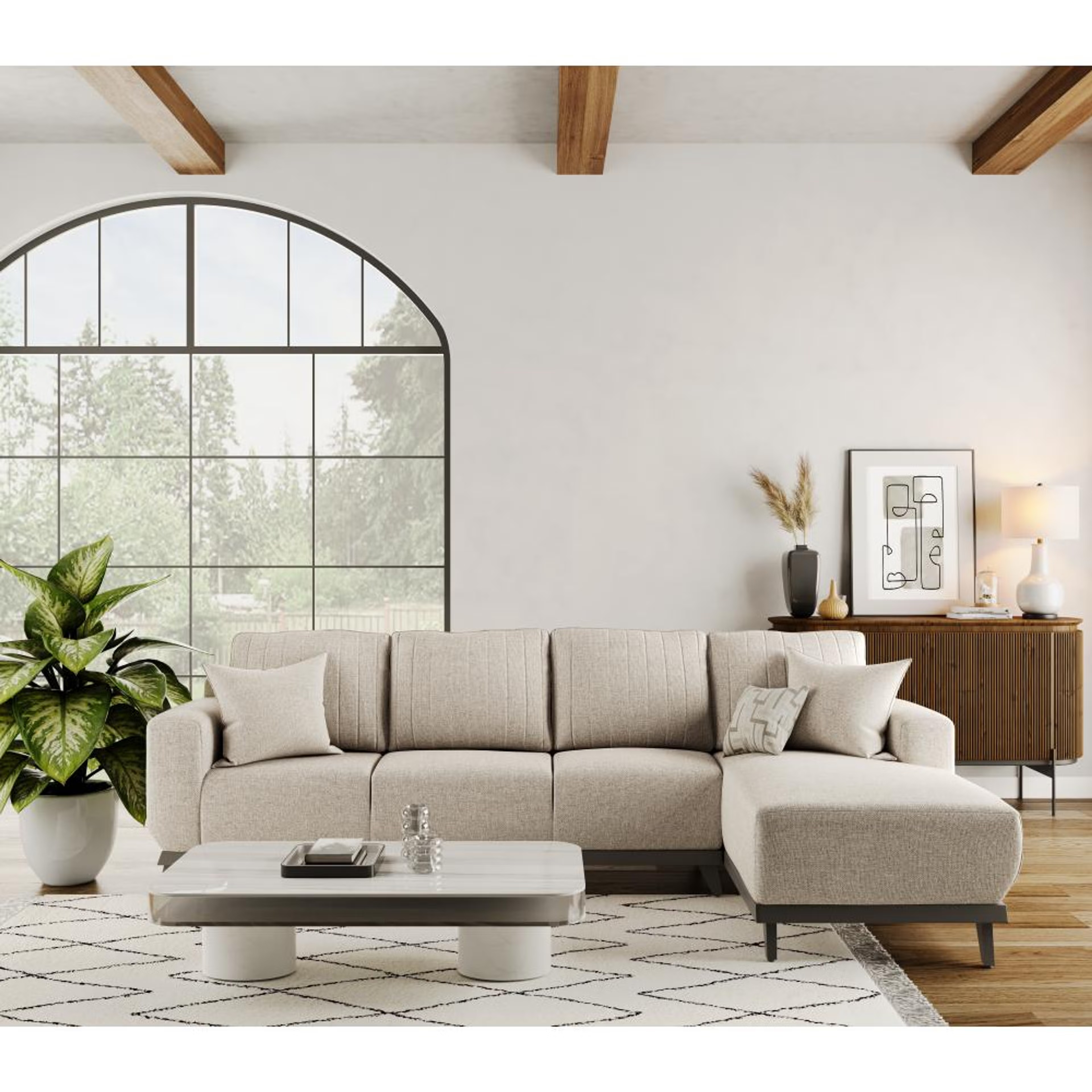 Wakefit Barcelona L Shape Sofa Set (3 Seater + Right Aligned Chaise) Sectional, Set (3 Seater + Right Aligned Chaise), Omega Pearl