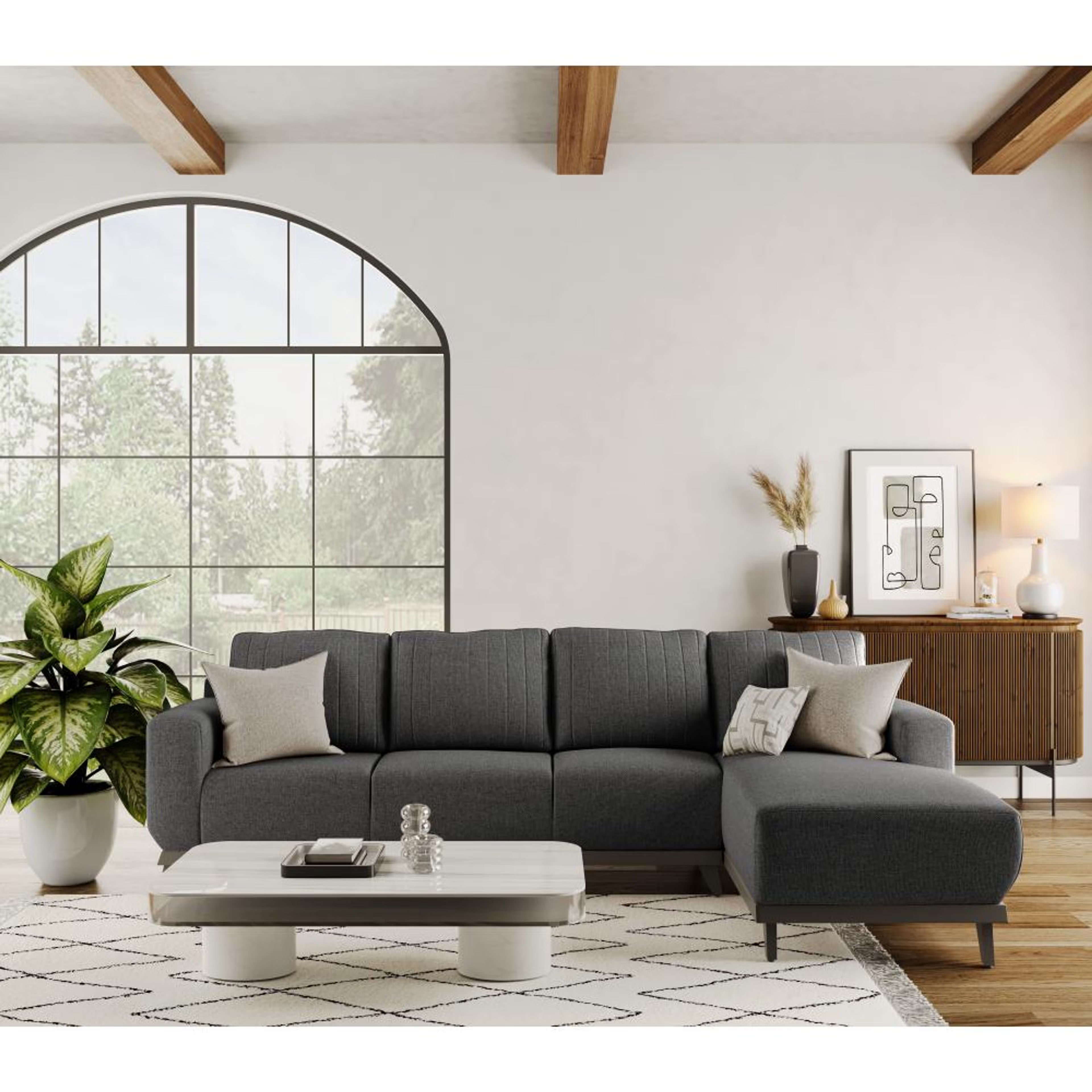Wakefit Barcelona L Shape Sofa Set (3 Seater + Right Aligned Chaise) Sectional, Set (3 Seater + Right Aligned Chaise), Smoke Grey