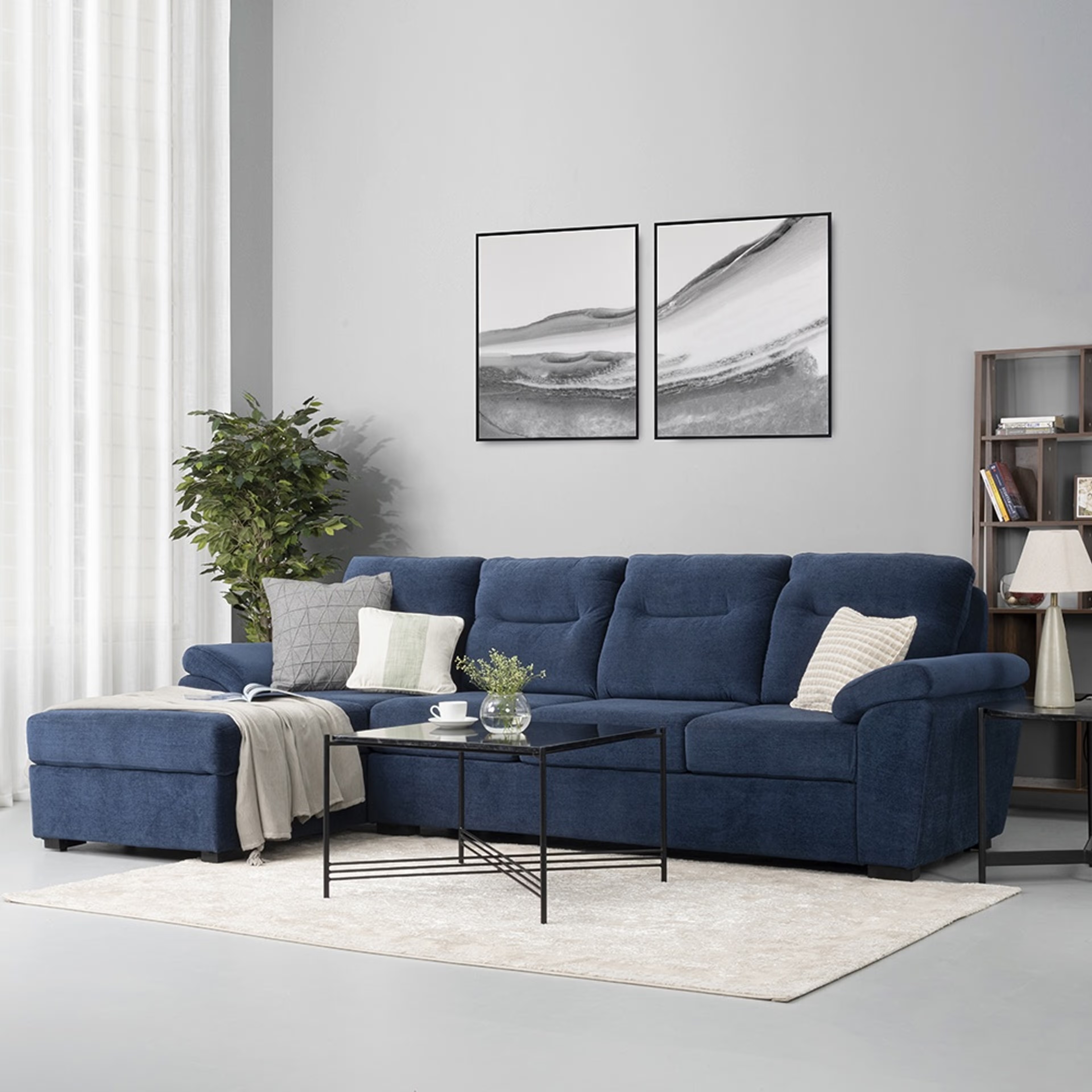 Home 33 Wakefit Lounger L Shape Sofa Set (3 Seater + Left Aligned Chaise) Sectional, Set (3 Seater + Left Aligned Chaise), Malphino Cobalt Blue