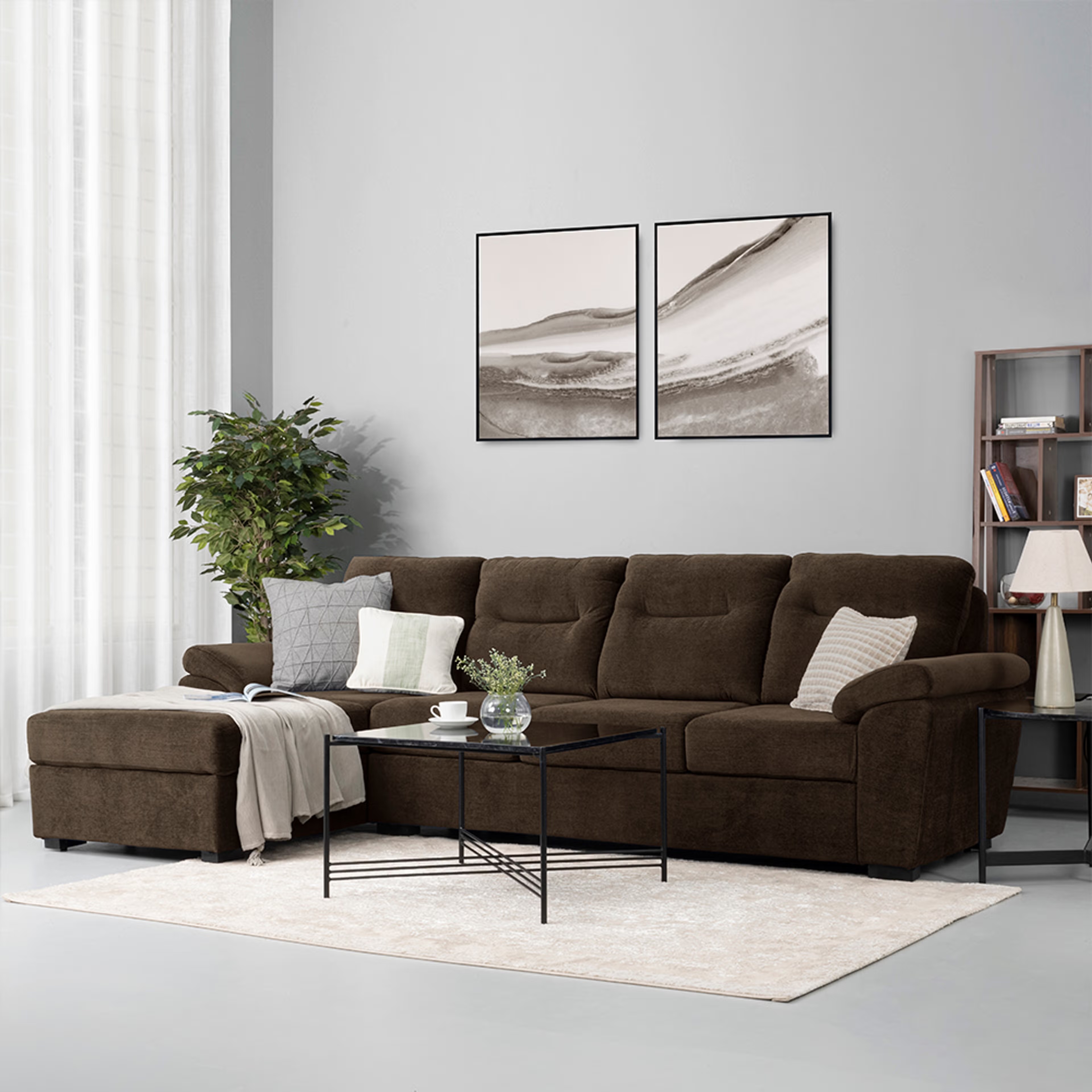 Wakefit Lounger L Shape Sofa Set (3 Seater + Left Aligned Chaise) Sectional, Set (3 Seater + Left Aligned Chaise), Malphino Dark Earth