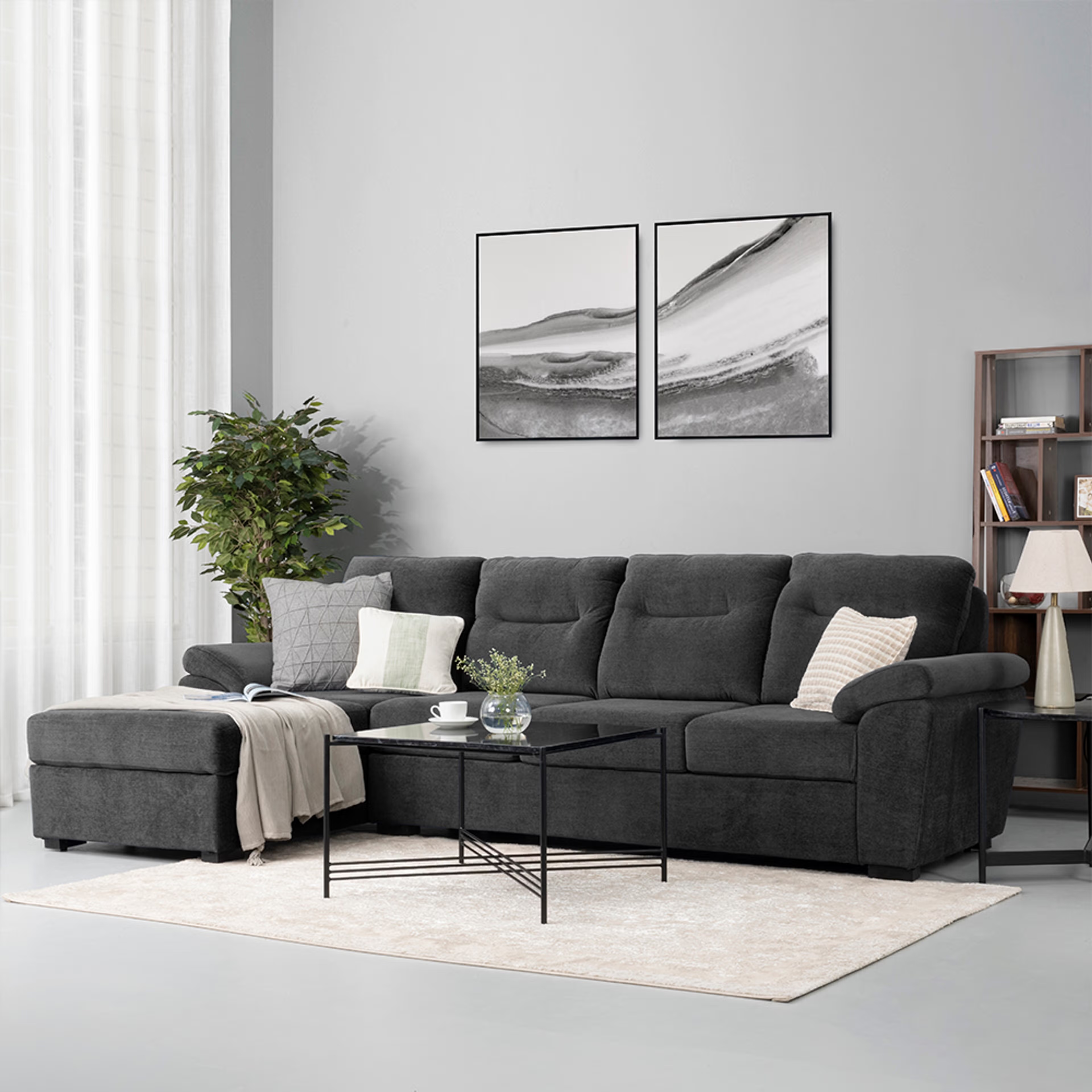 Home 28 Wakefit Lounger L Shape Sofa Set (3 Seater + Left Aligned Chaise) Sectional, Set (3 Seater + Left Aligned Chaise), Malphino Smoke Grey