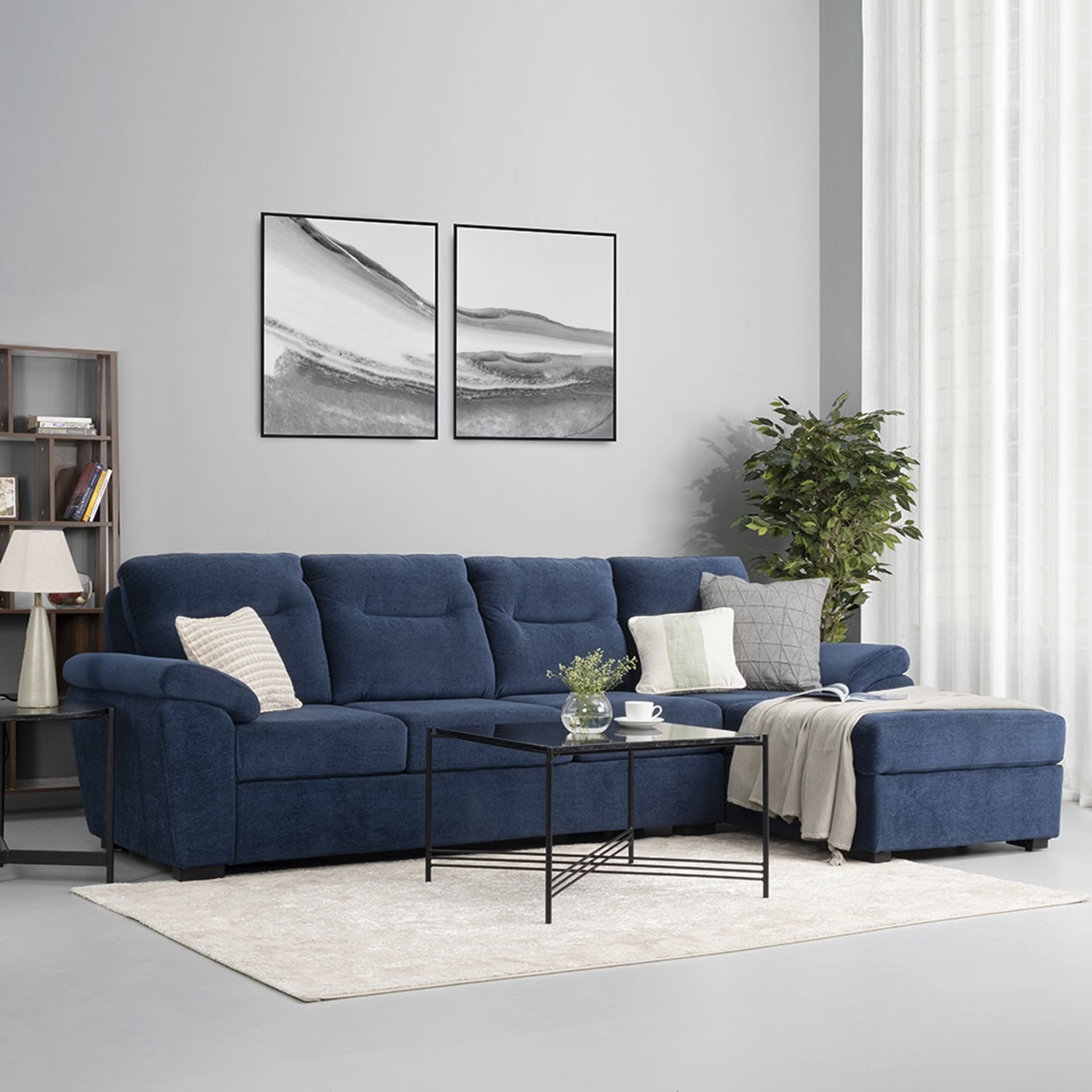 Wakefit Lounger L Shape Sofa Set (3 Seater + Right Aligned Chaise) Sectional, Set (3 Seater + Right Aligned Chaise), Malphino Cobalt Blue