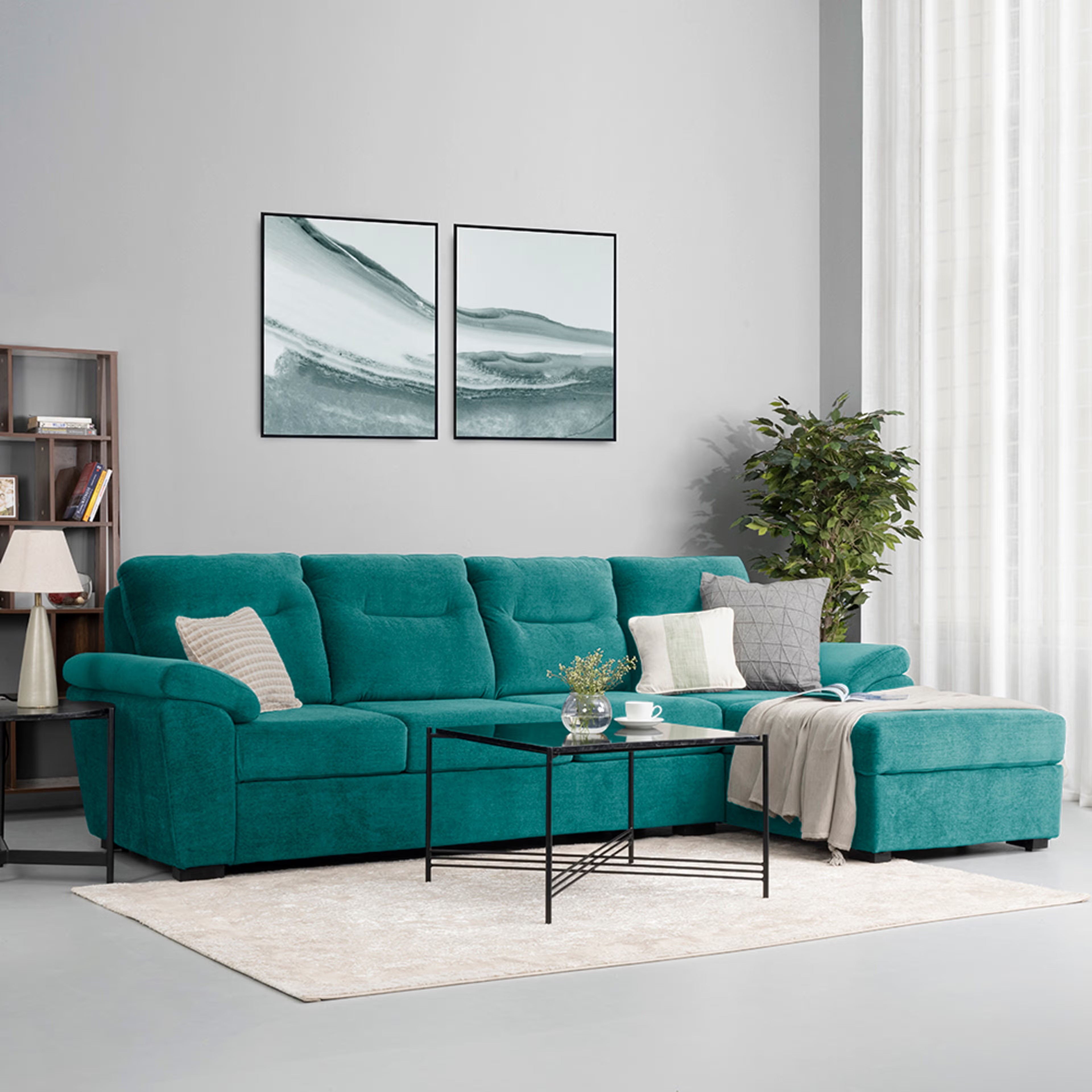 Wakefit Lounger L Shape Sofa Set (3 Seater + Right Aligned Chaise) Sectional, Set (3 Seater + Right Aligned Chaise), Malphino Malibu Green