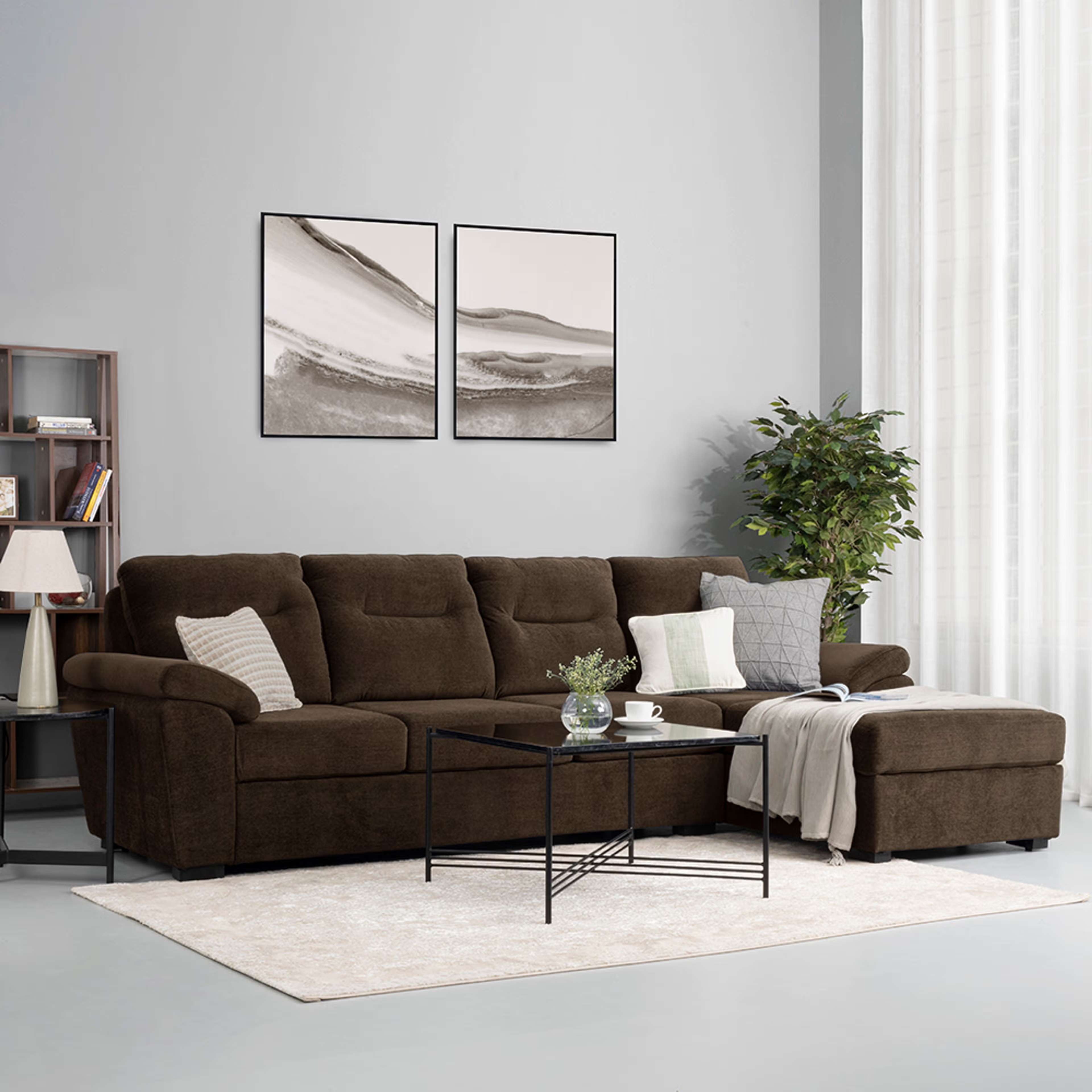 Wakefit Lounger L Shape Sofa Set (3 Seater + Right Aligned Chaise) Sectional, Set (3 Seater + Right Aligned Chaise), Malphino Dark Earth
