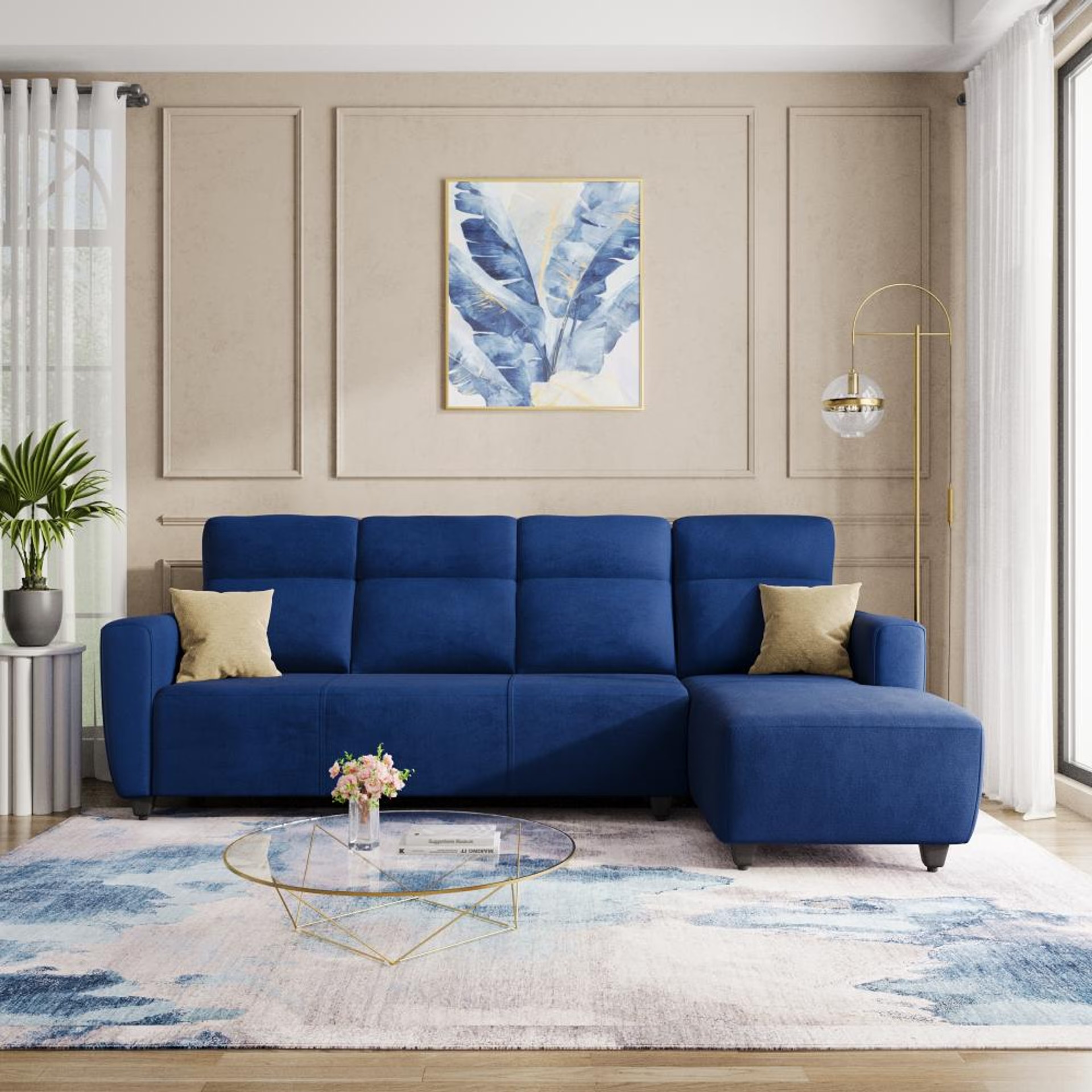 Wakefit Belize L Shape Sofa Set (3 Seater + Right Aligned Chaise) Sectional, Set (3 Seater + Right Aligned Chaise), Blue