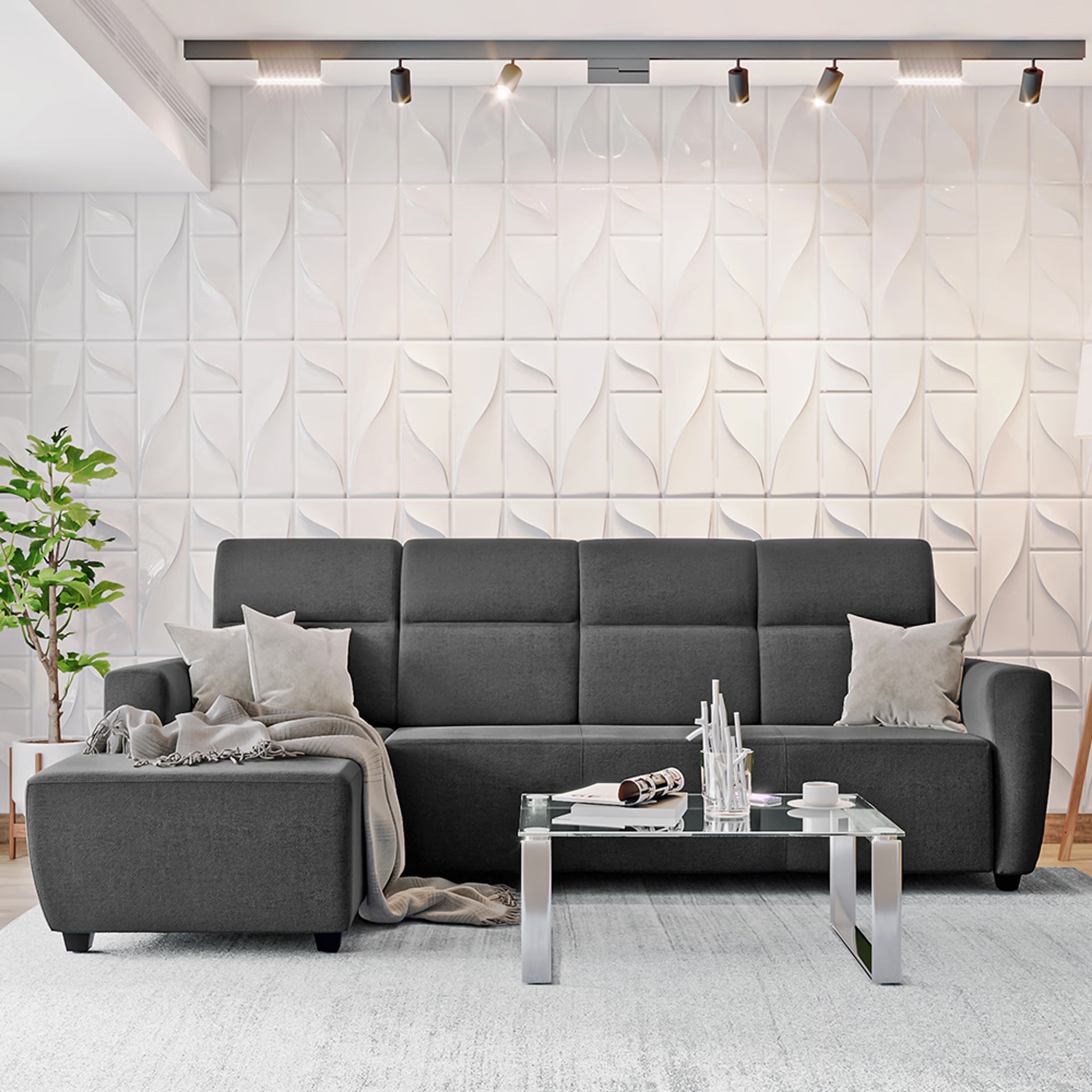 Wakefit Belize L Shape Sofa Set (3 Seater + Left Aligned Chaise) -Reflection Charcoal Grey Sectional, Set (3 Seater + Left Aligned Chaise), Charcoal Grey