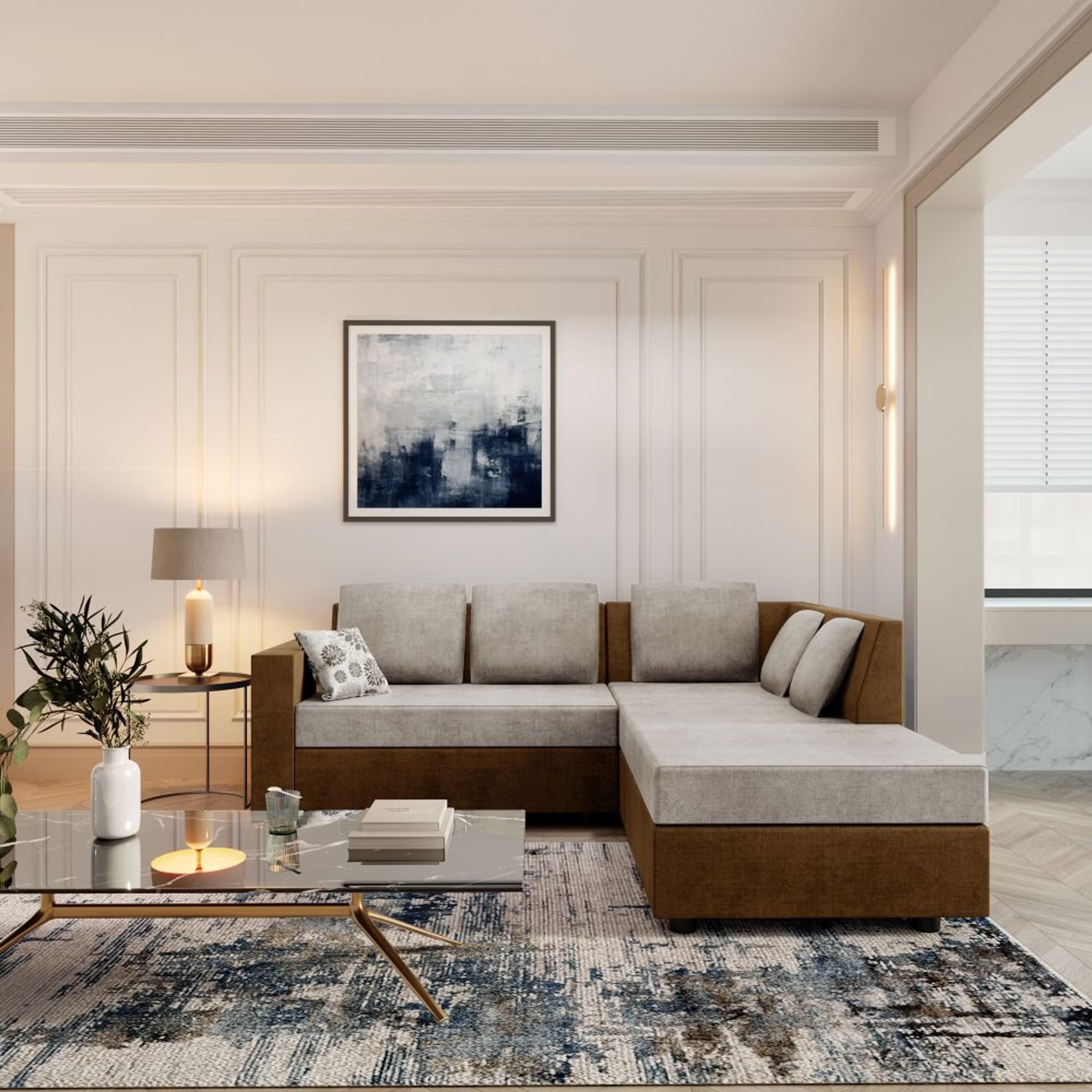 Wakefit Skiver L Shape 5 Seater Sofa Set (2 Seater + Right Aligned Chaise) Sectional, Set (2 Seater + Right Aligned Chaise), Toffee Brown & Parchment White