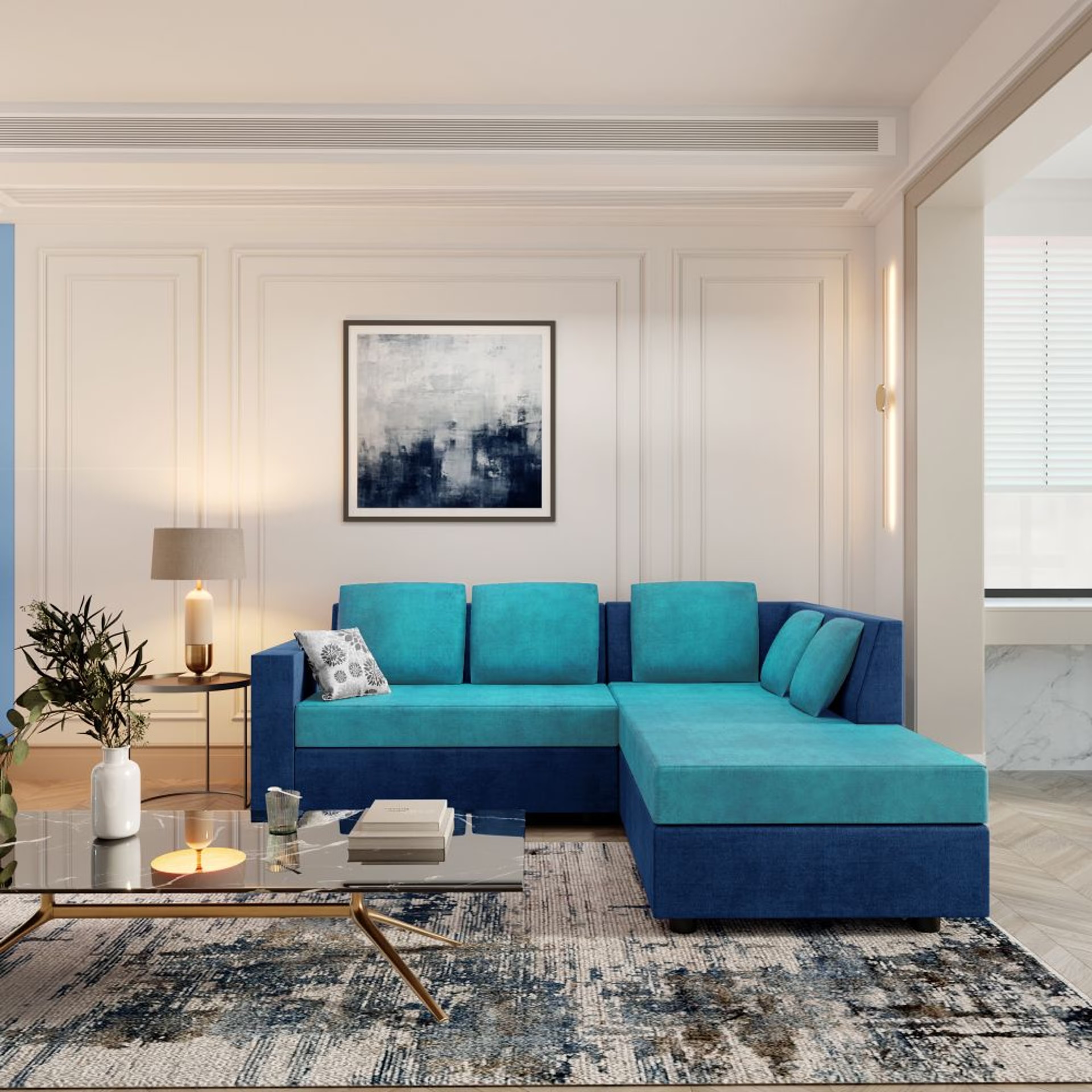 Wakefit Skiver L Shape 5 Seater Sofa Set (2 Seater + Right Aligned Chaise) Sectional, Set (2 Seater + Right Aligned Chaise), Dark Blue & Sky Green