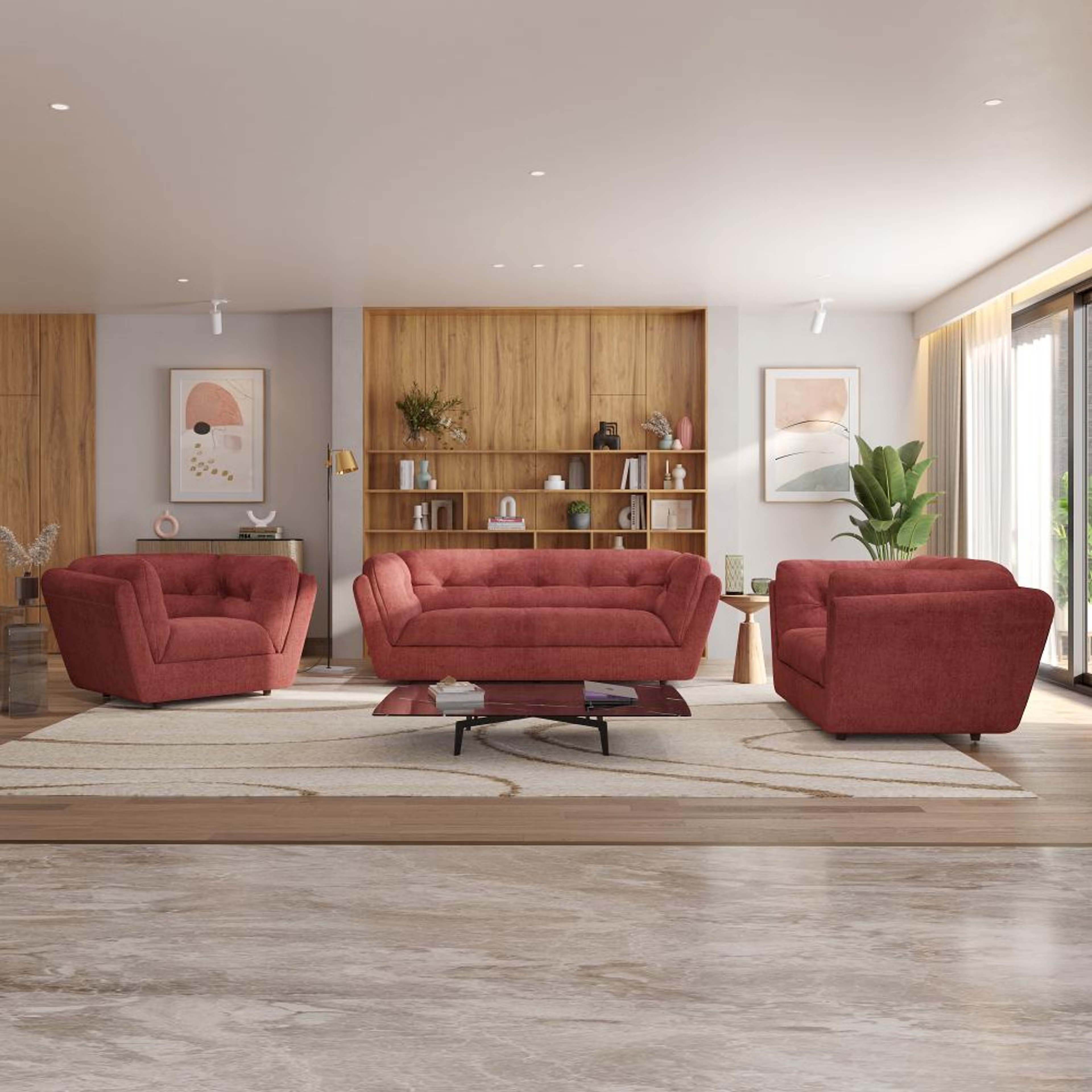 Wakefit Osuna Sofa Set (3+2+1) Seater Regular, Set (3+2+1), Maroon