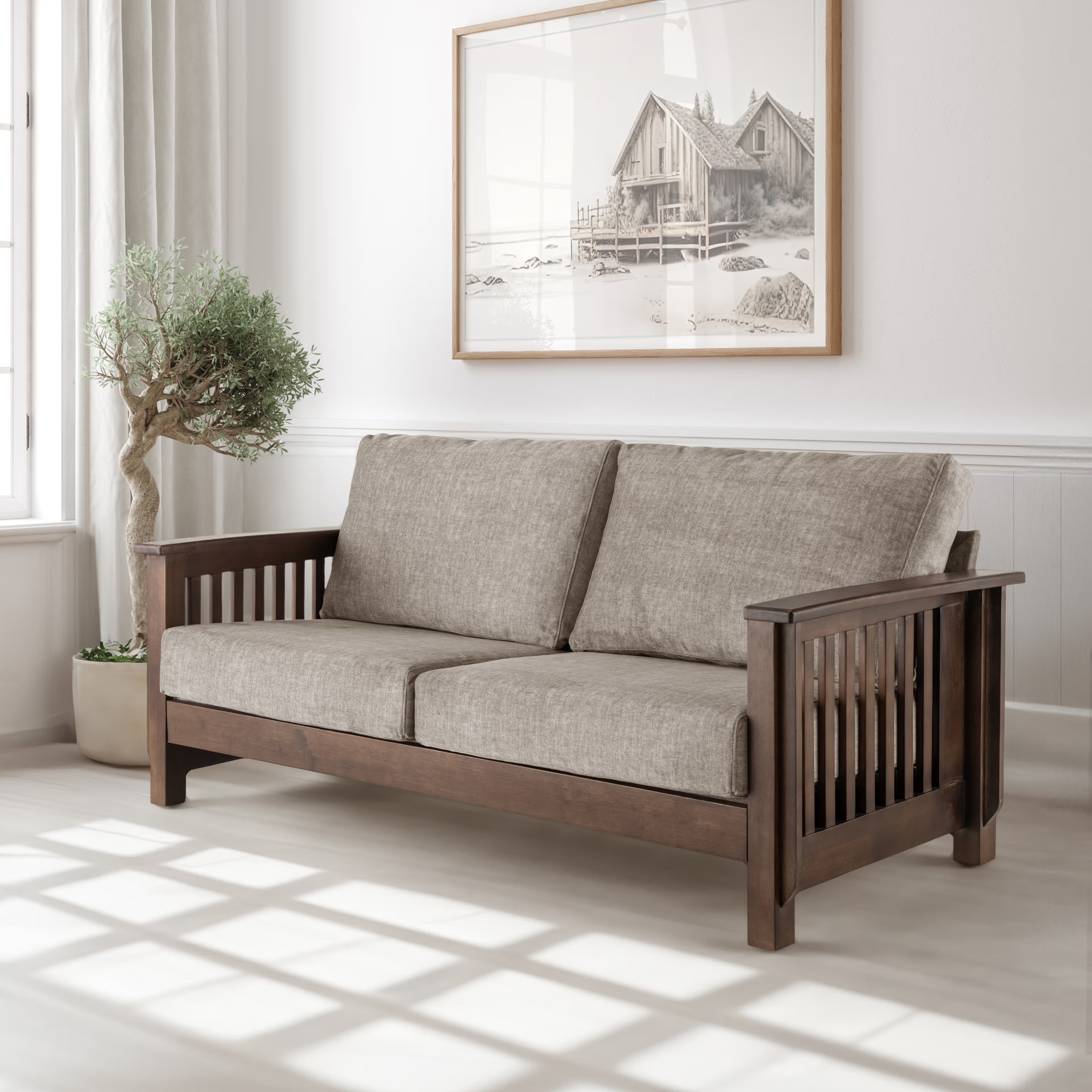 Wakefit Serene 3 Seater Solid wood Sofa Regular, 3 Seater, Taupe, Irish Walnut