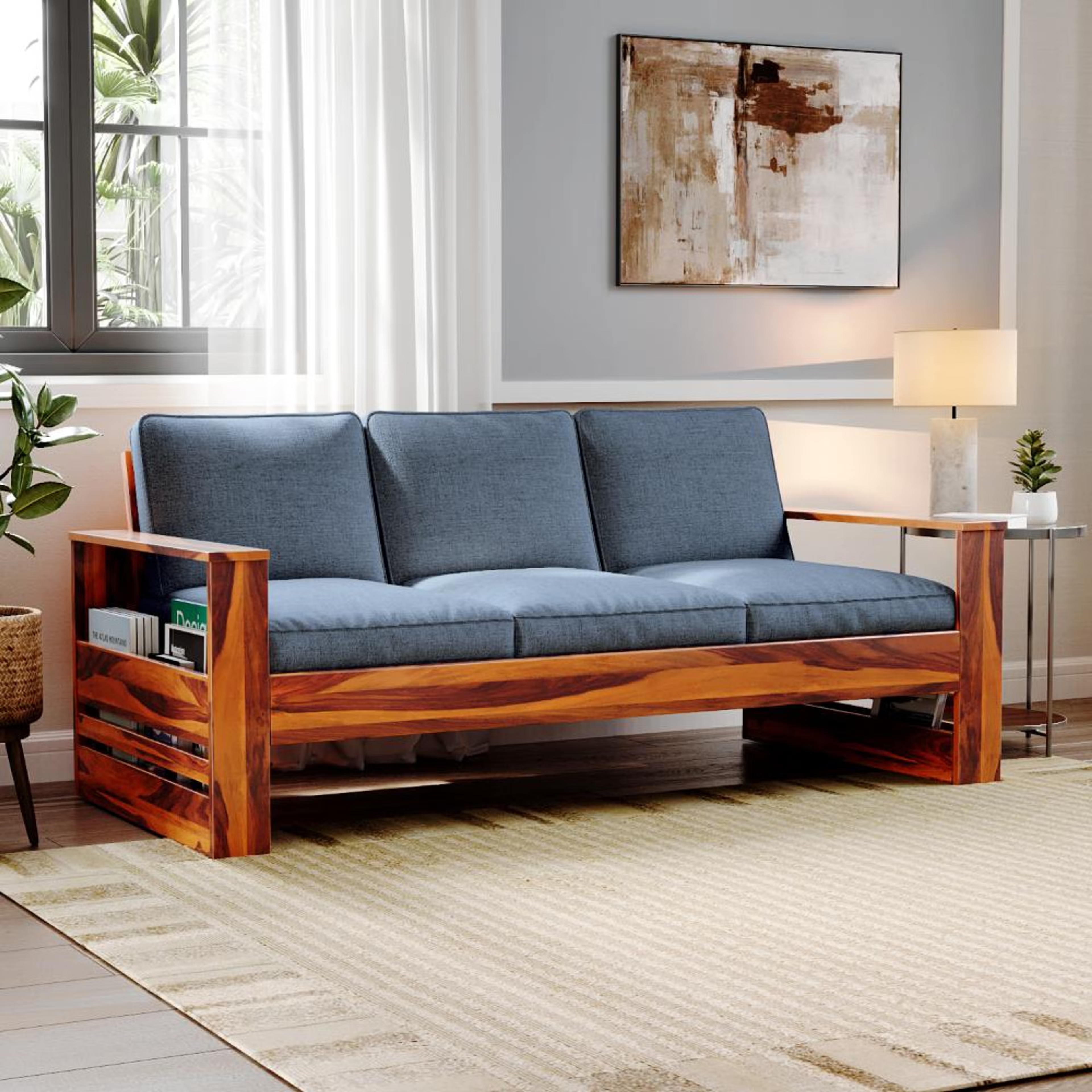 Home 42 Wakefit Bahamas Sheesham Wood Sofa - Three Seater Regular, 3 Seater, Omega Blue
