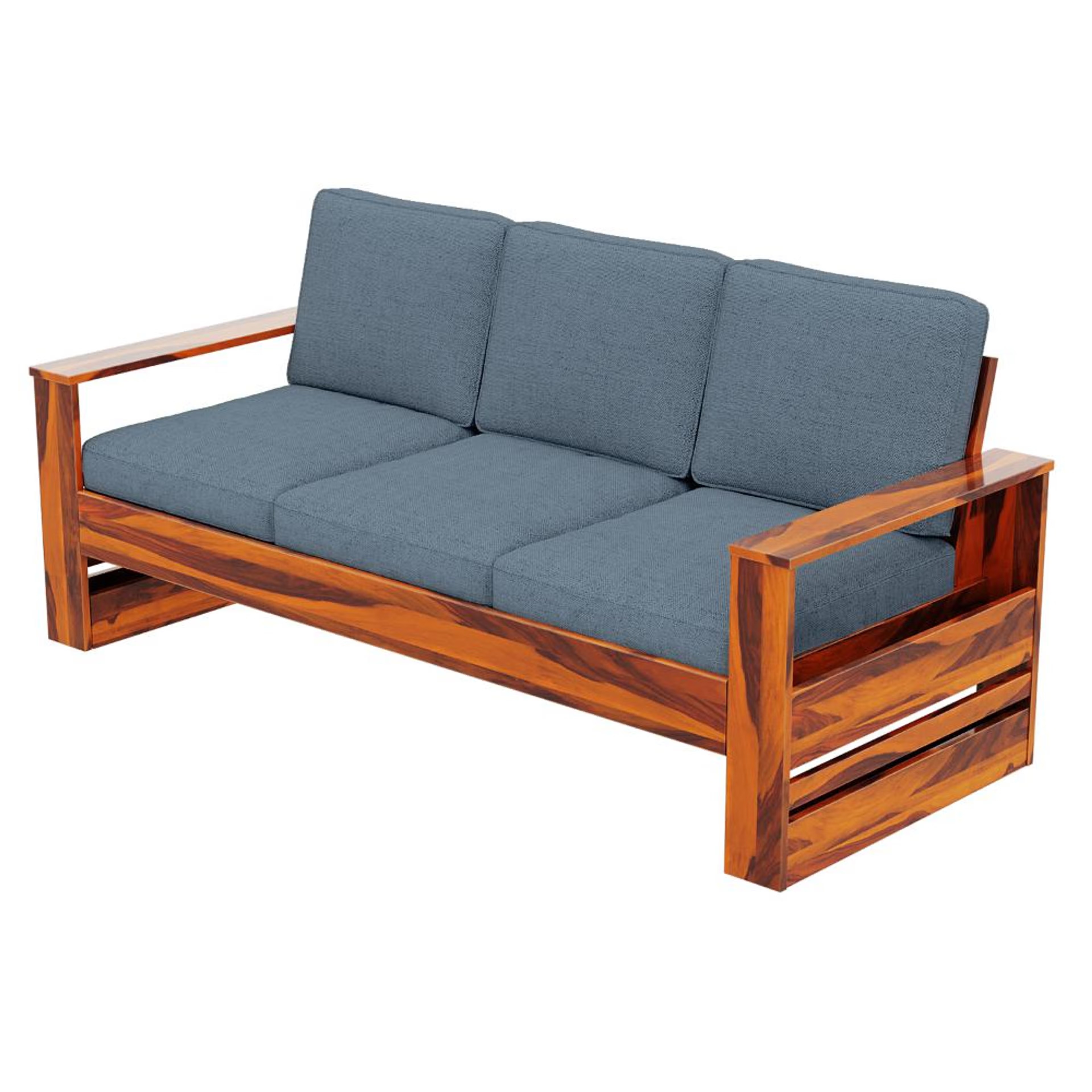 Home 43 Wakefit Bahamas Sheesham Wood Sofa - Three Seater Regular, 3 Seater, Omega Blue