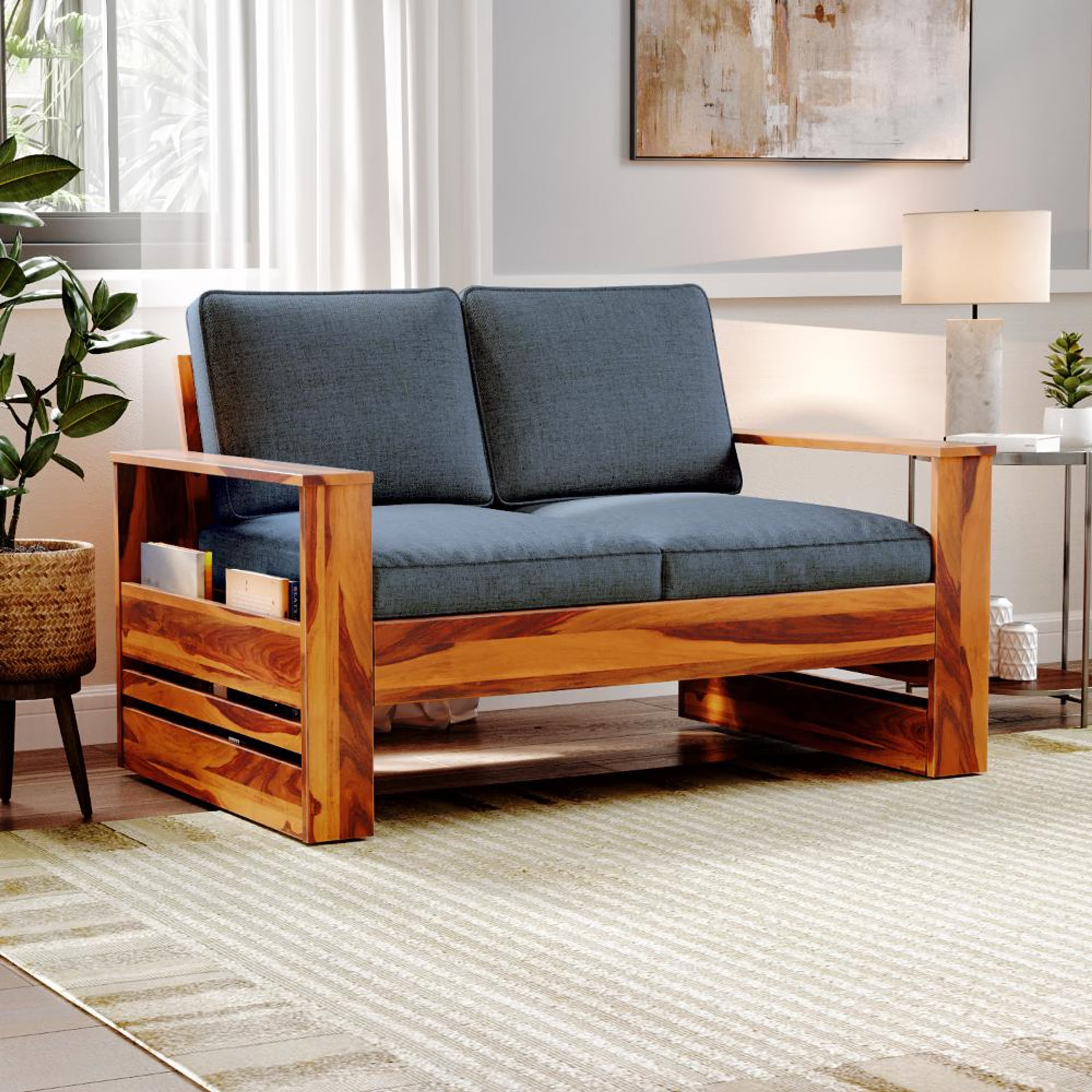 Home 34 Wakefit Bahamas Sheesham Wood Sofa - Two Seater Regular, 2 Seater, Omega Blue