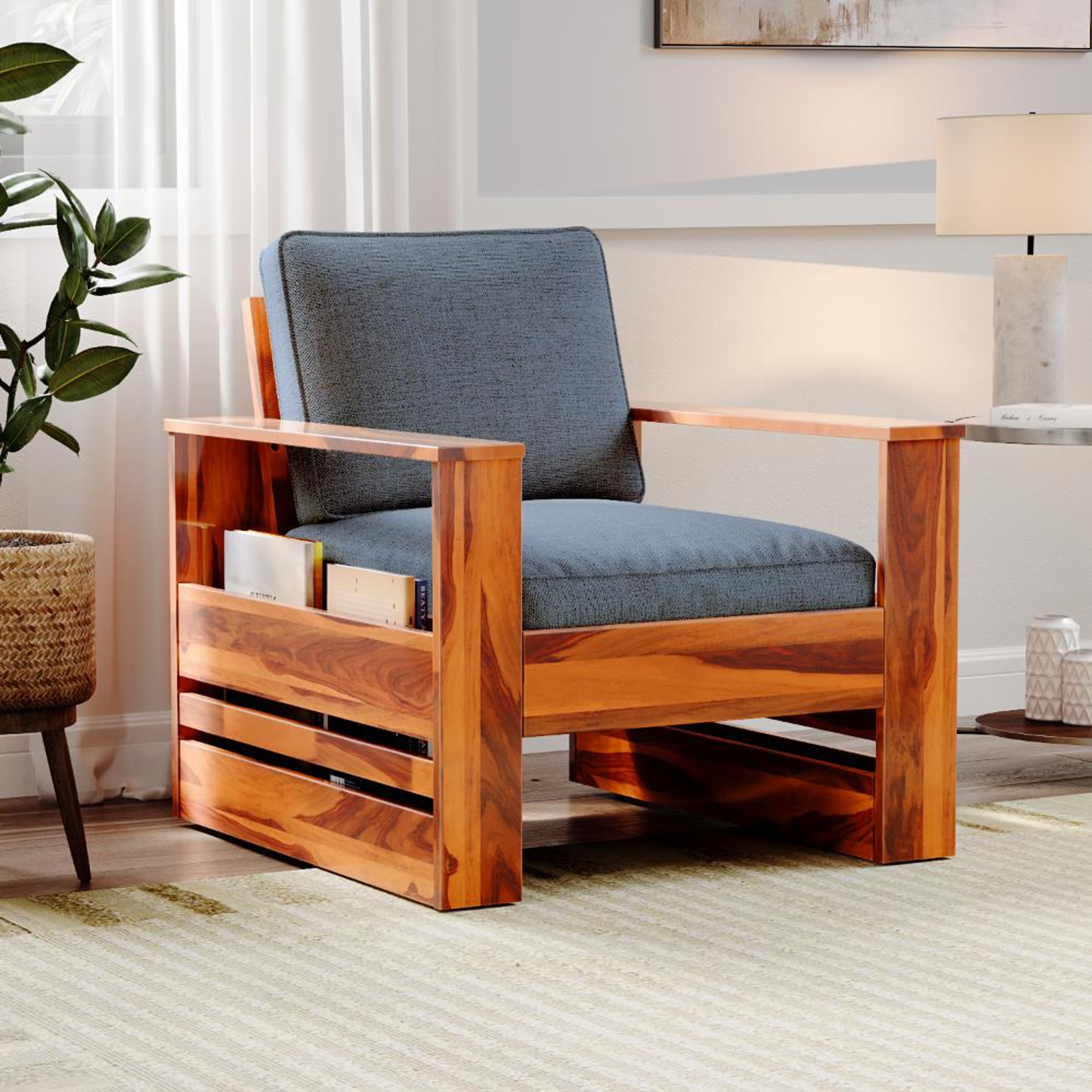 Wakefit Bahamas Sheesham Wood Sofa - Single Seater Regular, 1 Seater, Omega Blue