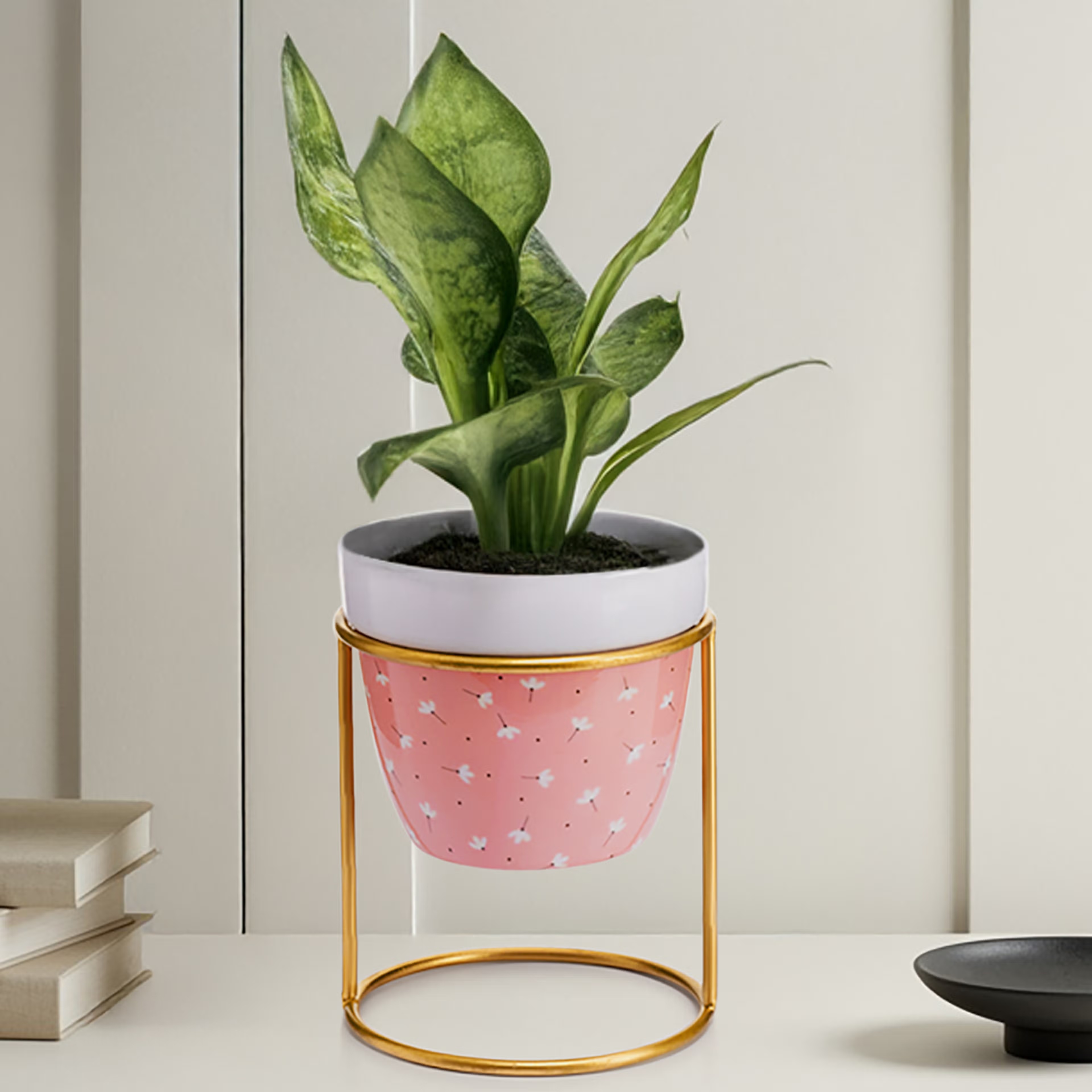 Metal Table Top Flower Pot with Stand | Indoor & Outdoor Planter | Pink Floral | Verdure Metal, Pink & White, Set of 1