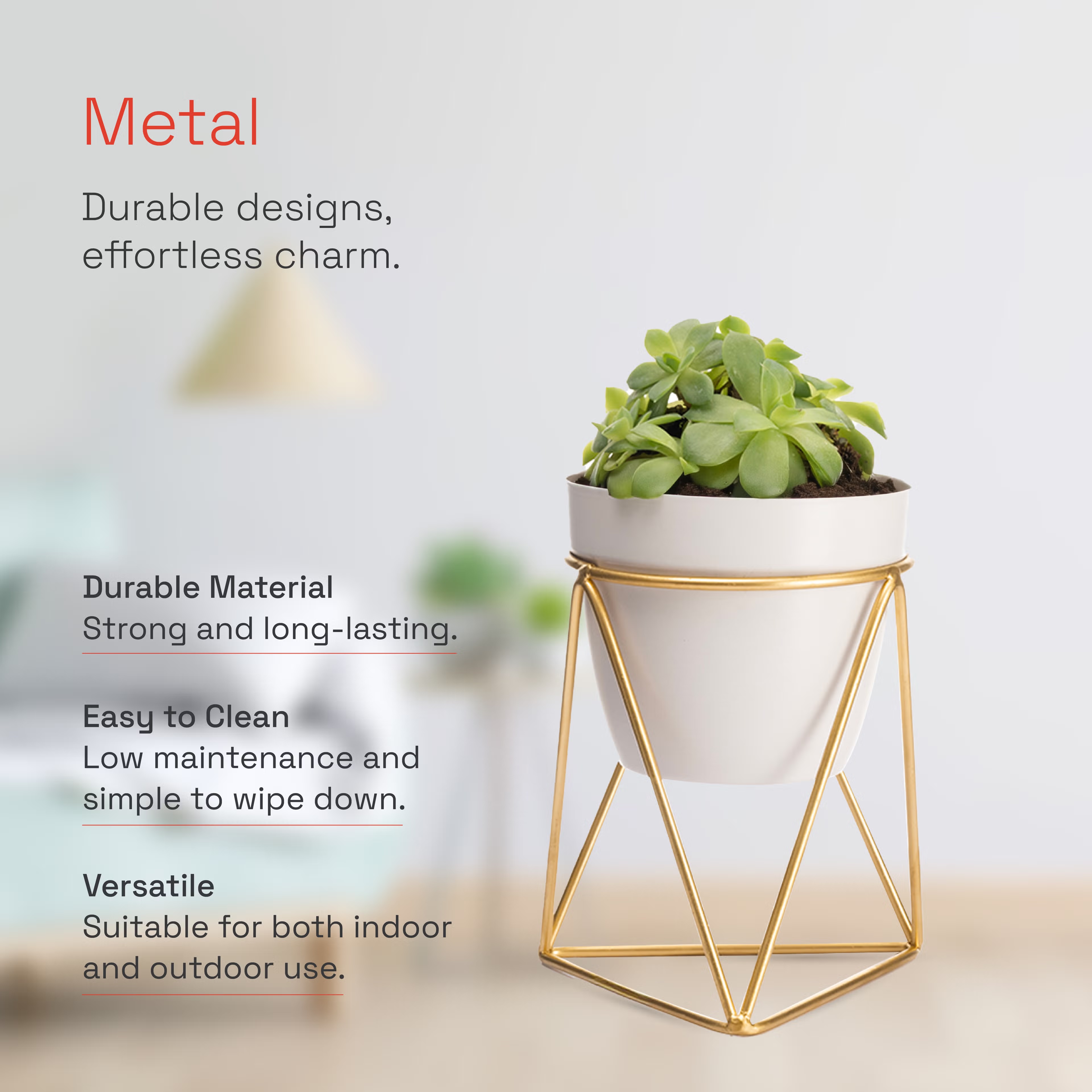 Home 47 Table Top Metal Flower Pot | Indoor Planter With Stand | Pearl White | Claymore Metal, White, Set of 1