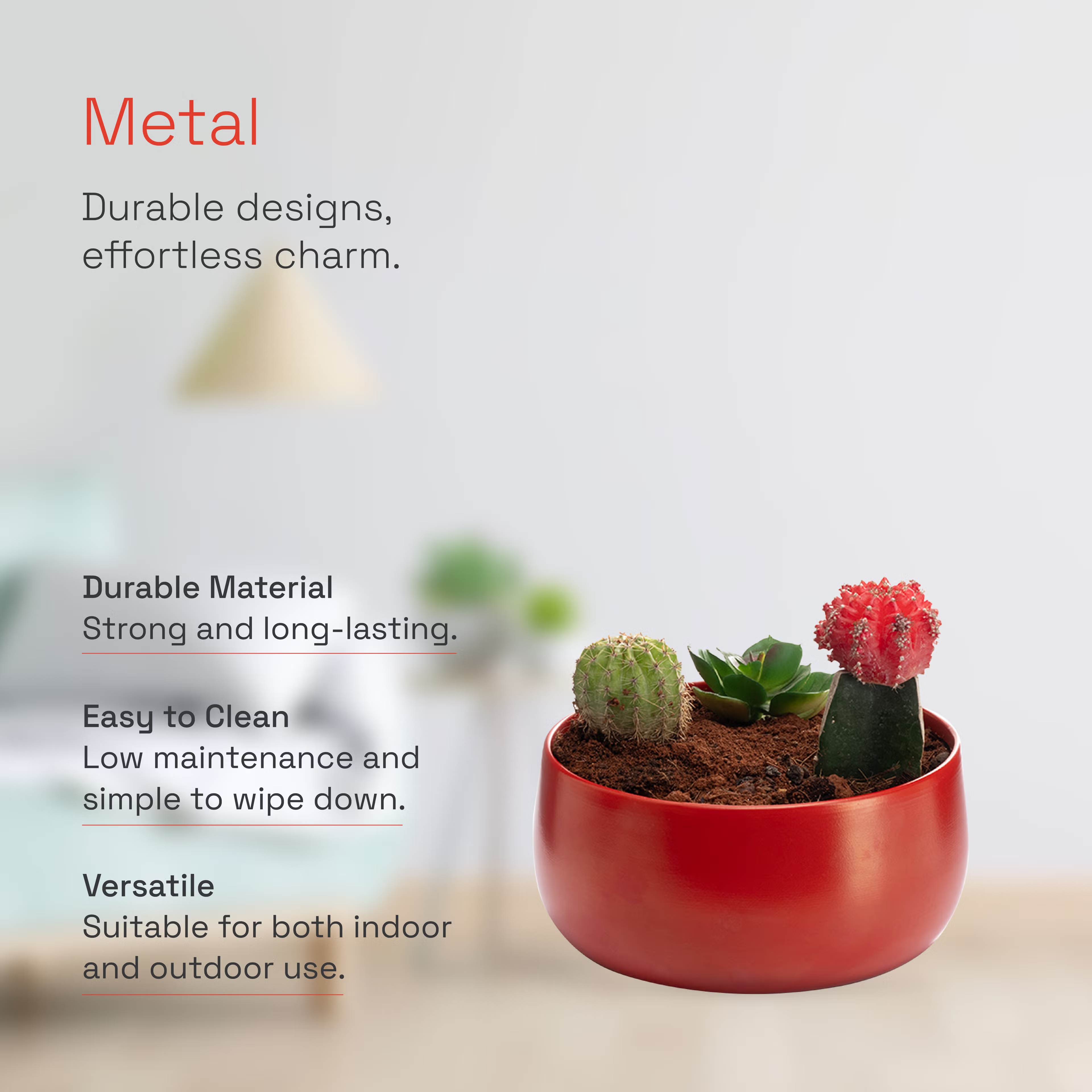 Versatile Metal Garden Pot | Floor & Table Planter | Indoor & Outdoor Use | Cherry Red | Foliage Metal, Red, Set of 1
