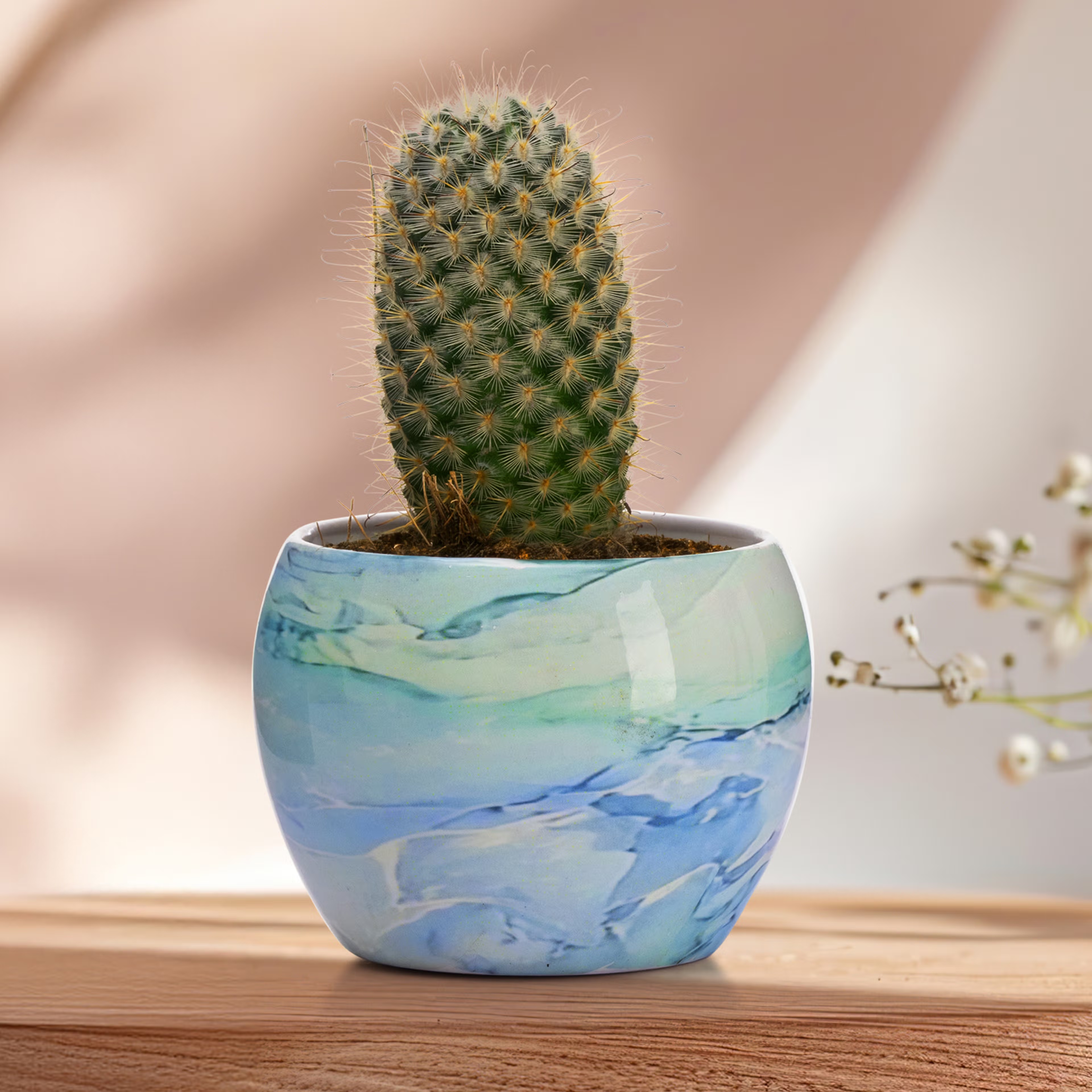 Table Top Metal Flower Pot | Elegant Indoor Planter | Marble Finish | Seedling Metal, Light Blue, Set of 1