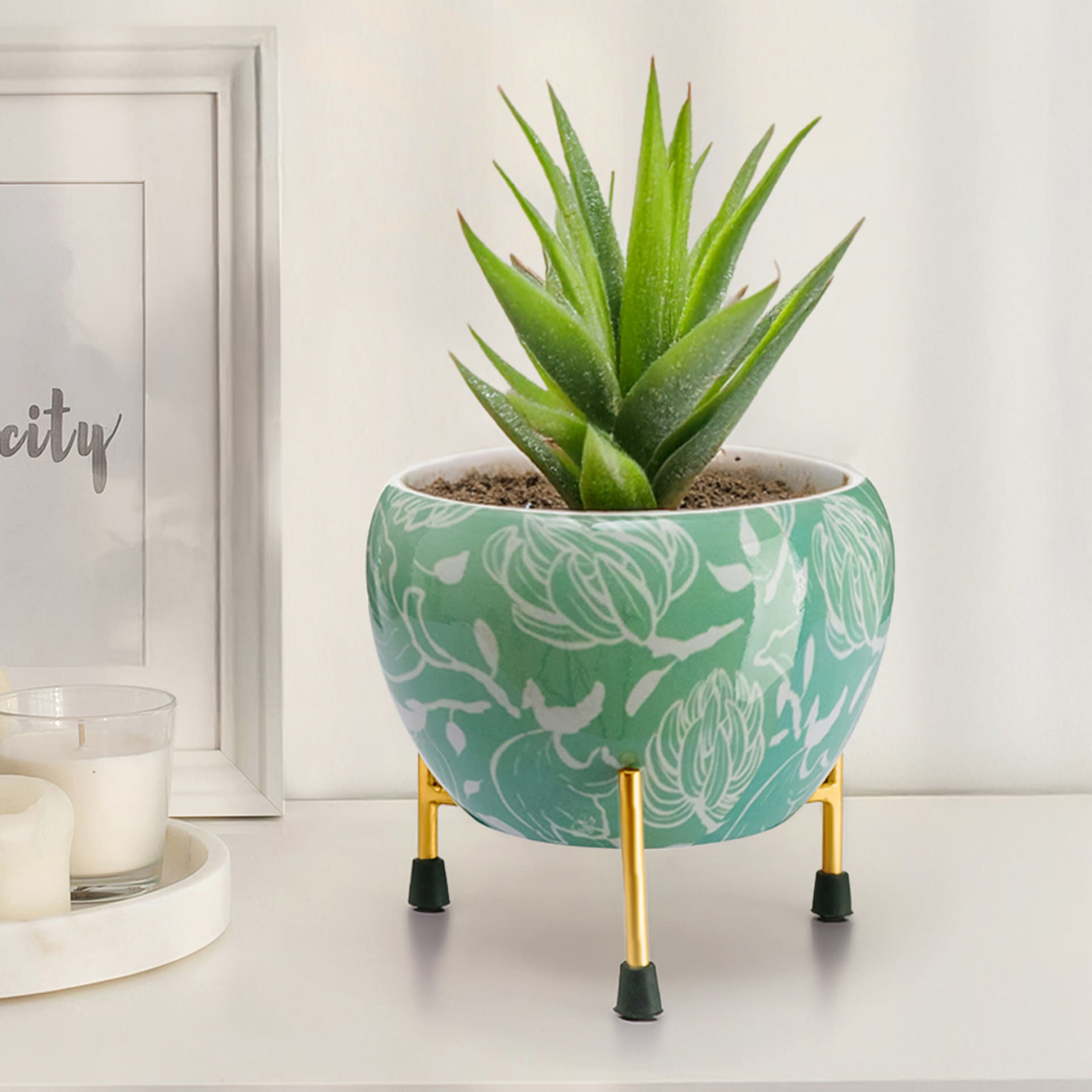Designer Metal Garden Pot | Indoor & Outdoor Planter with Stand | Dusty Blue | Arbor Metal, Blue, Set of 1