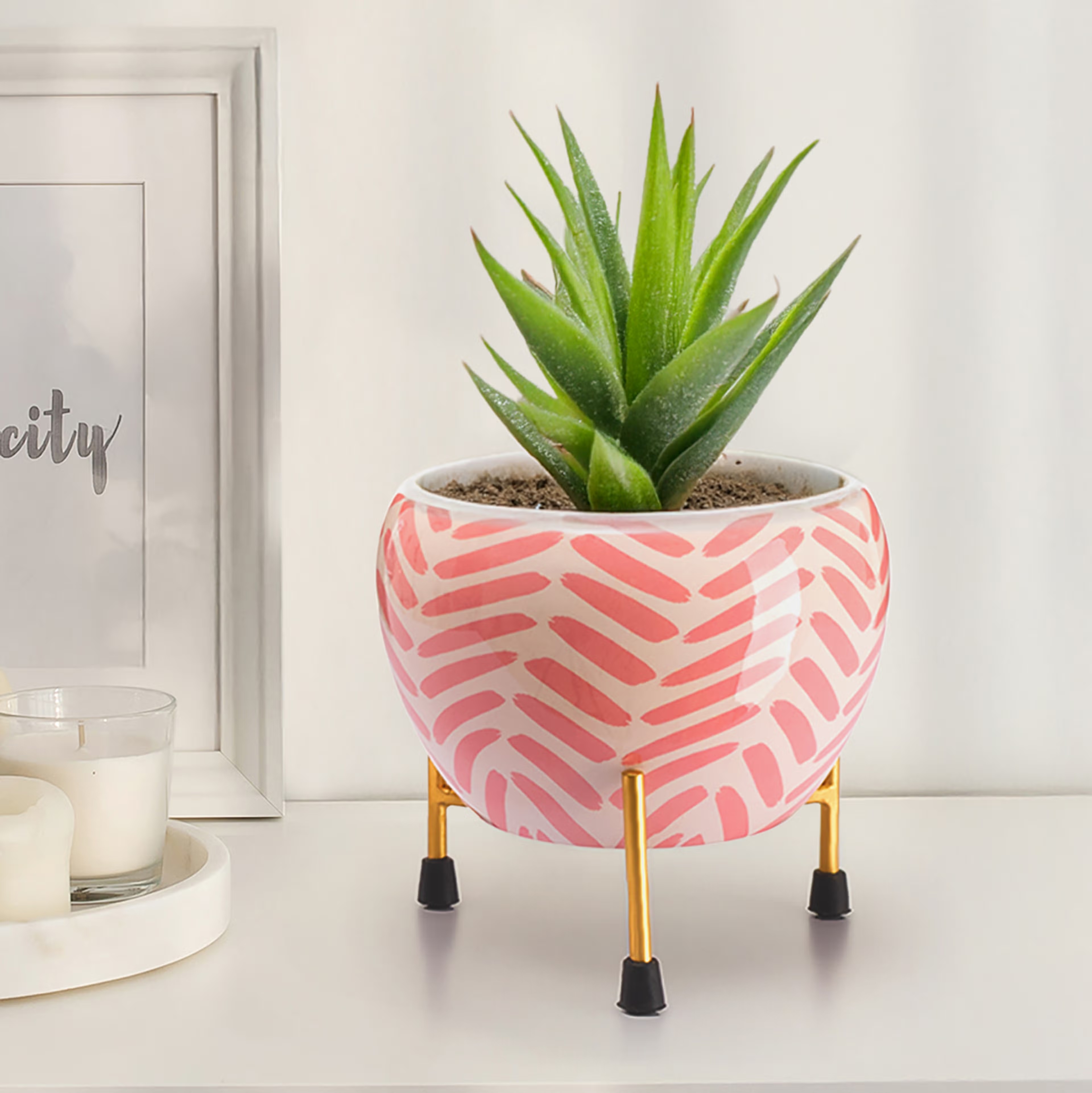Designer Metal Garden Pot | Indoor & Outdoor Planter with Stand | Peachy Pink | Arbor Metal, Pink, Set of 1