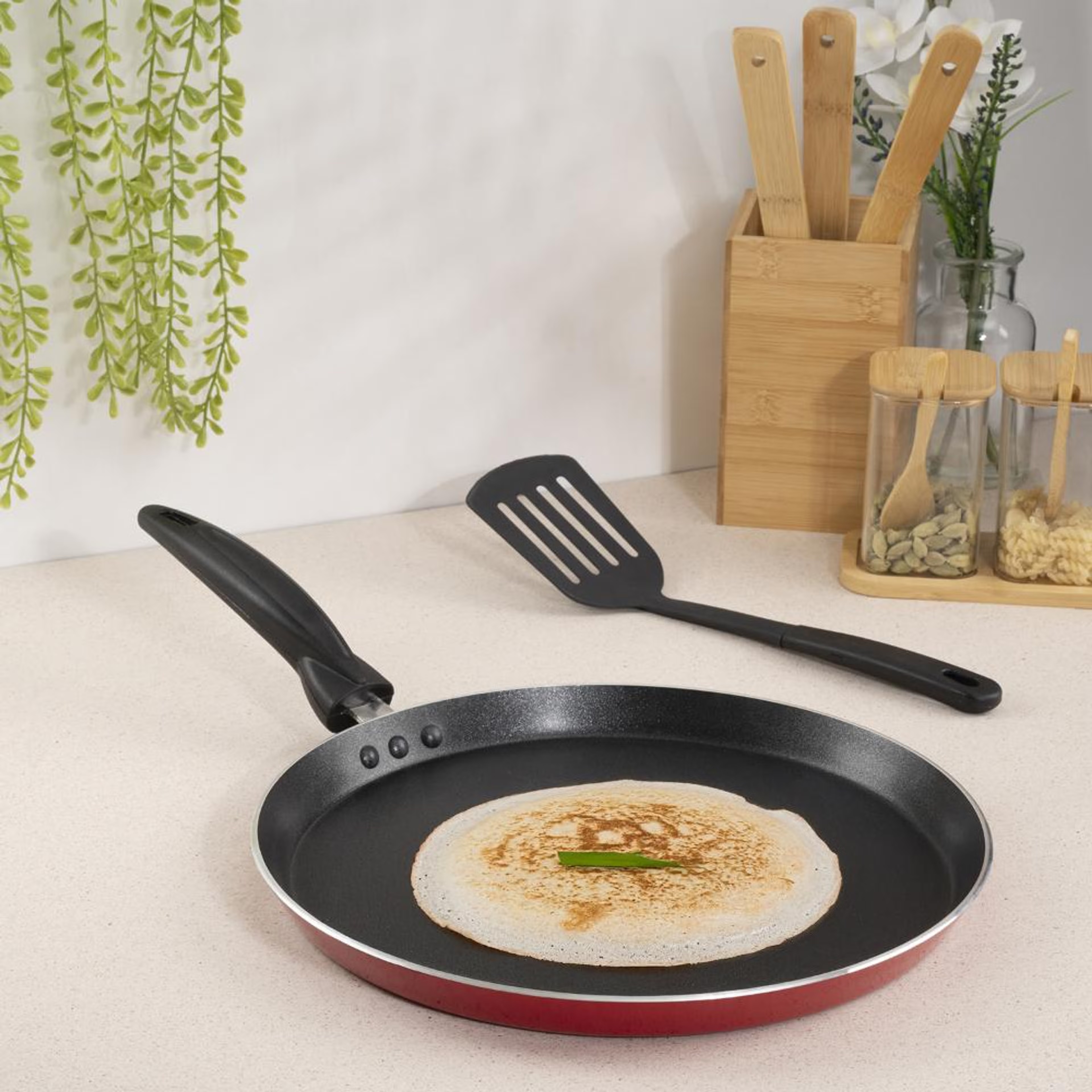 Advanced 5 layer Non-Stick Tawa | 31 cm | 2.6 mm thick | PFOA & PTFE Free | Gas Compatible | Highly durable & Metal Spoon Friendly | Sturdy Handle | Free Spatula | Chervil | Red & Black Tawa, Aluminium, Non Induction Base, Tawa-12 inch