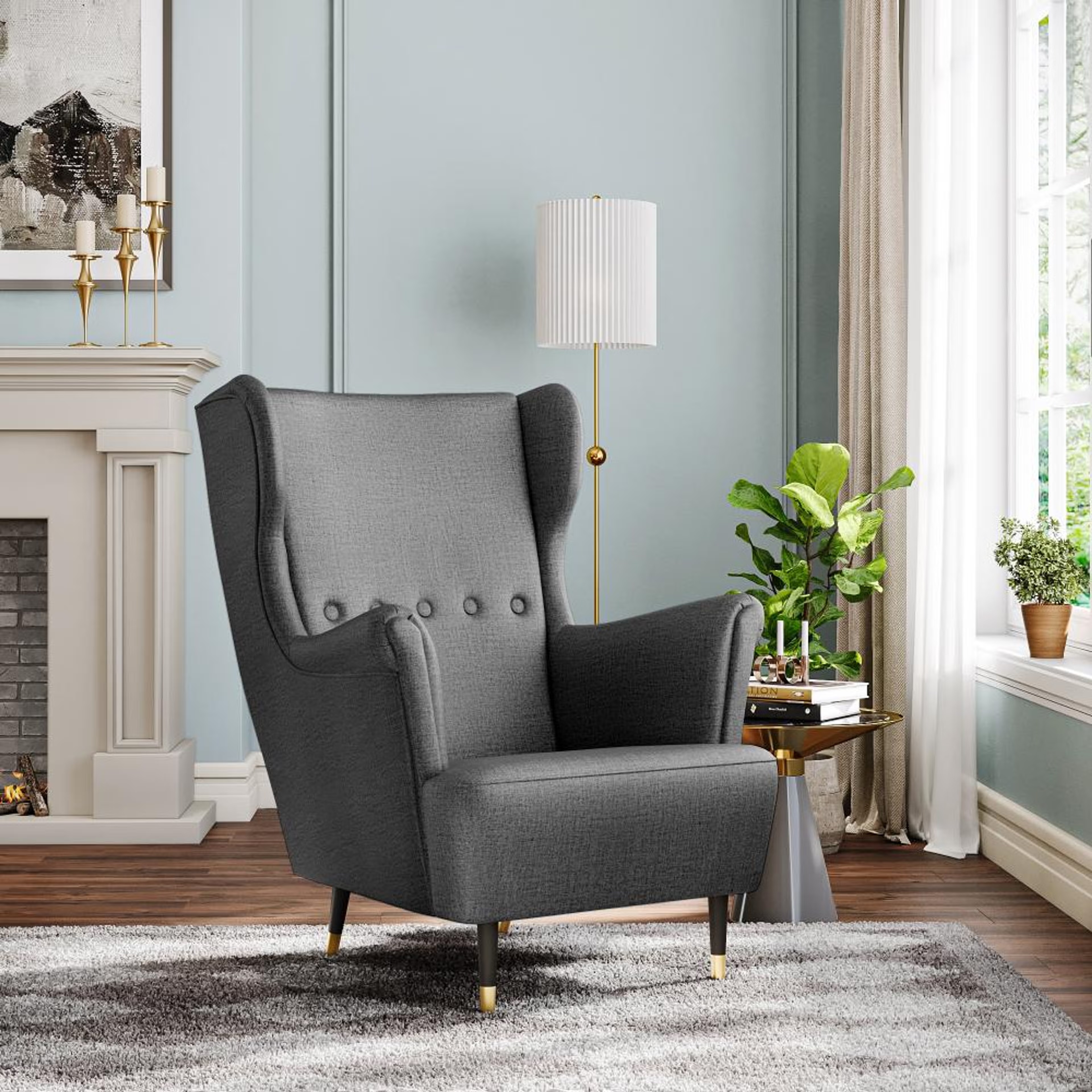 Wakefit Nicco Wing Chair - Reflection Charcoal Grey without Ottoman, Charcoal Grey