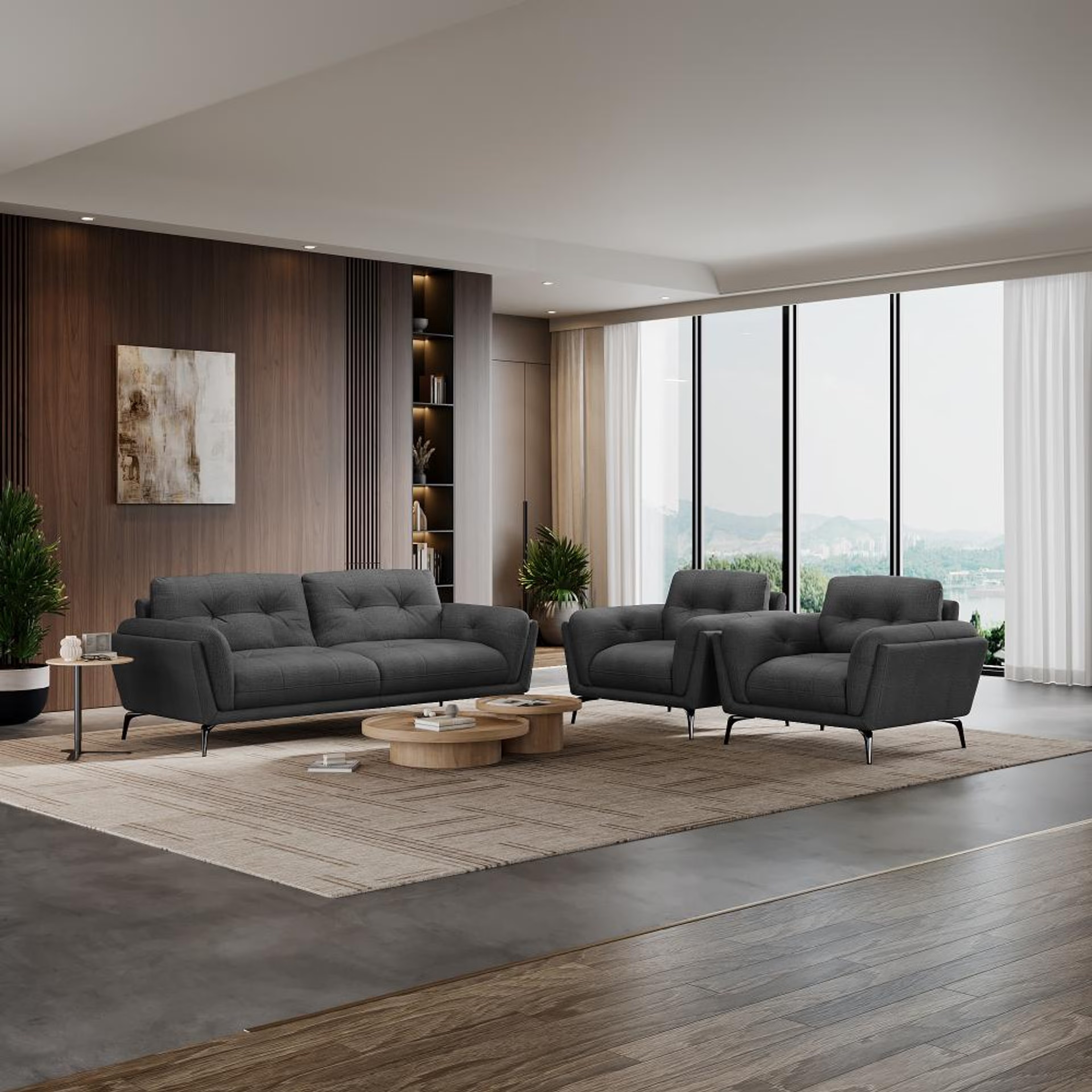 Wakefit Lille Sofa Set (3+1+1) Seater Regular, Set (3+1+1), Charcoal Grey