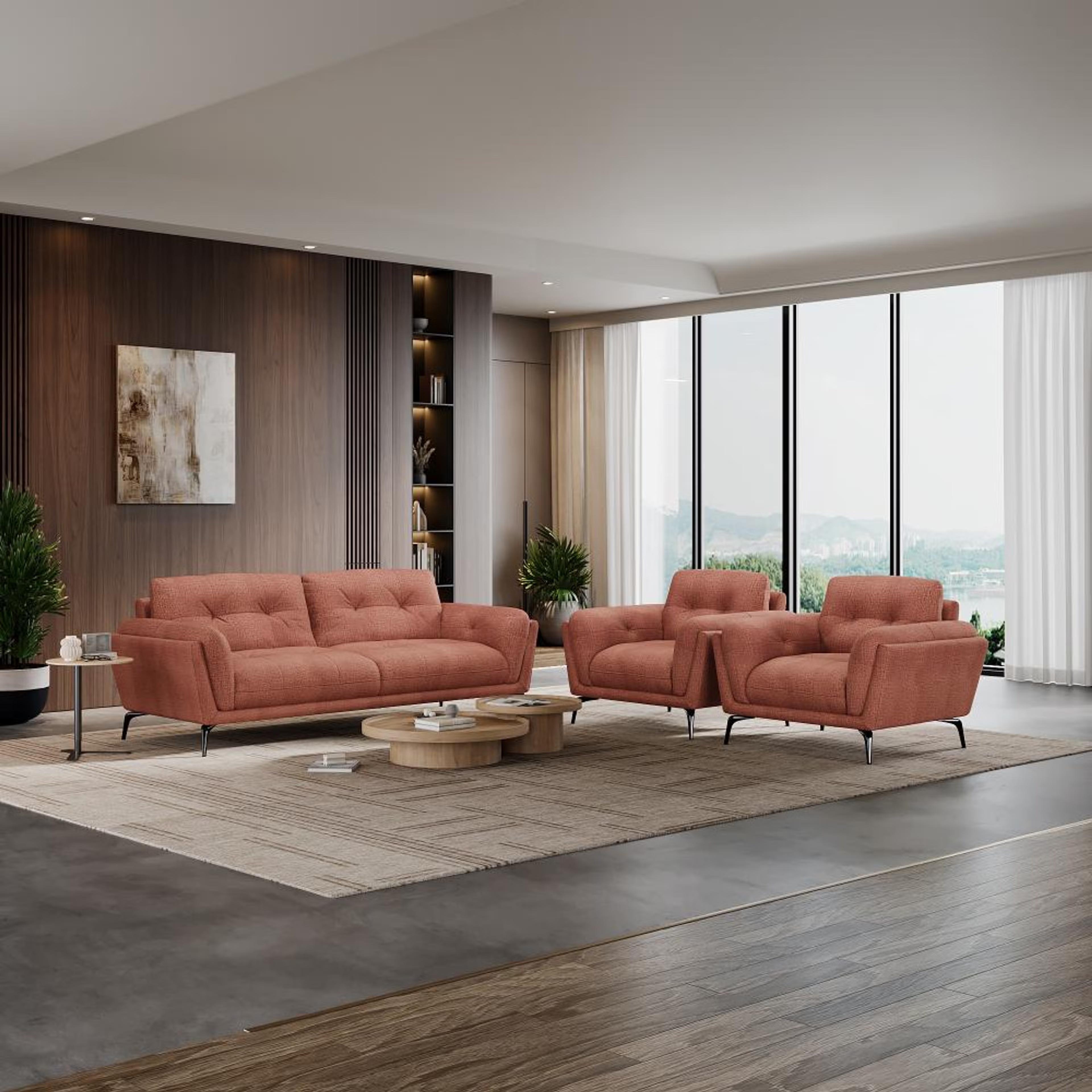 Wakefit Lille Sofa Set (3+1+1) Seater Regular, Set (3+1+1), Rose Brown