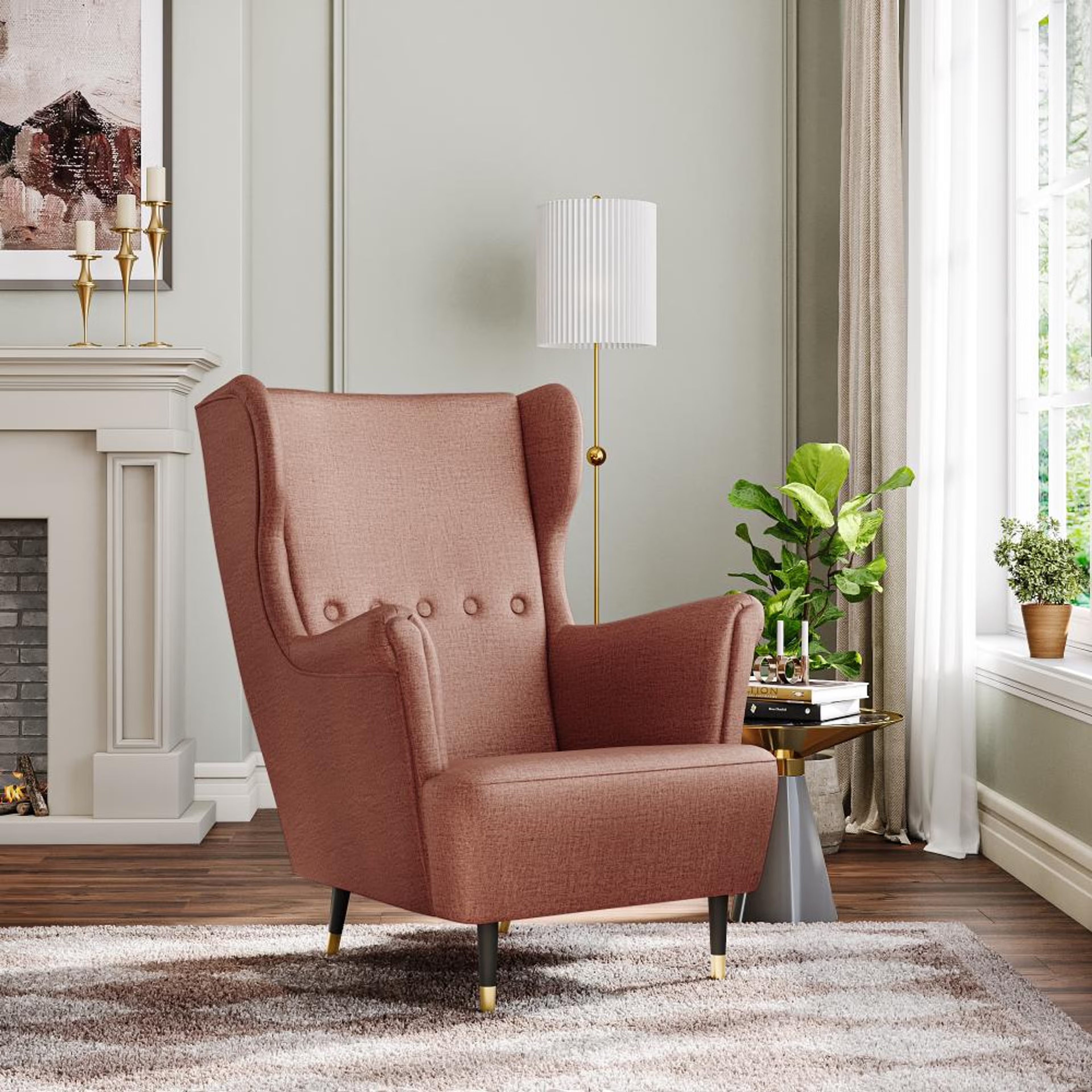 Wakefit Nicco Wing Chair - Reflection Rose Brown without Ottoman, Rose Brown