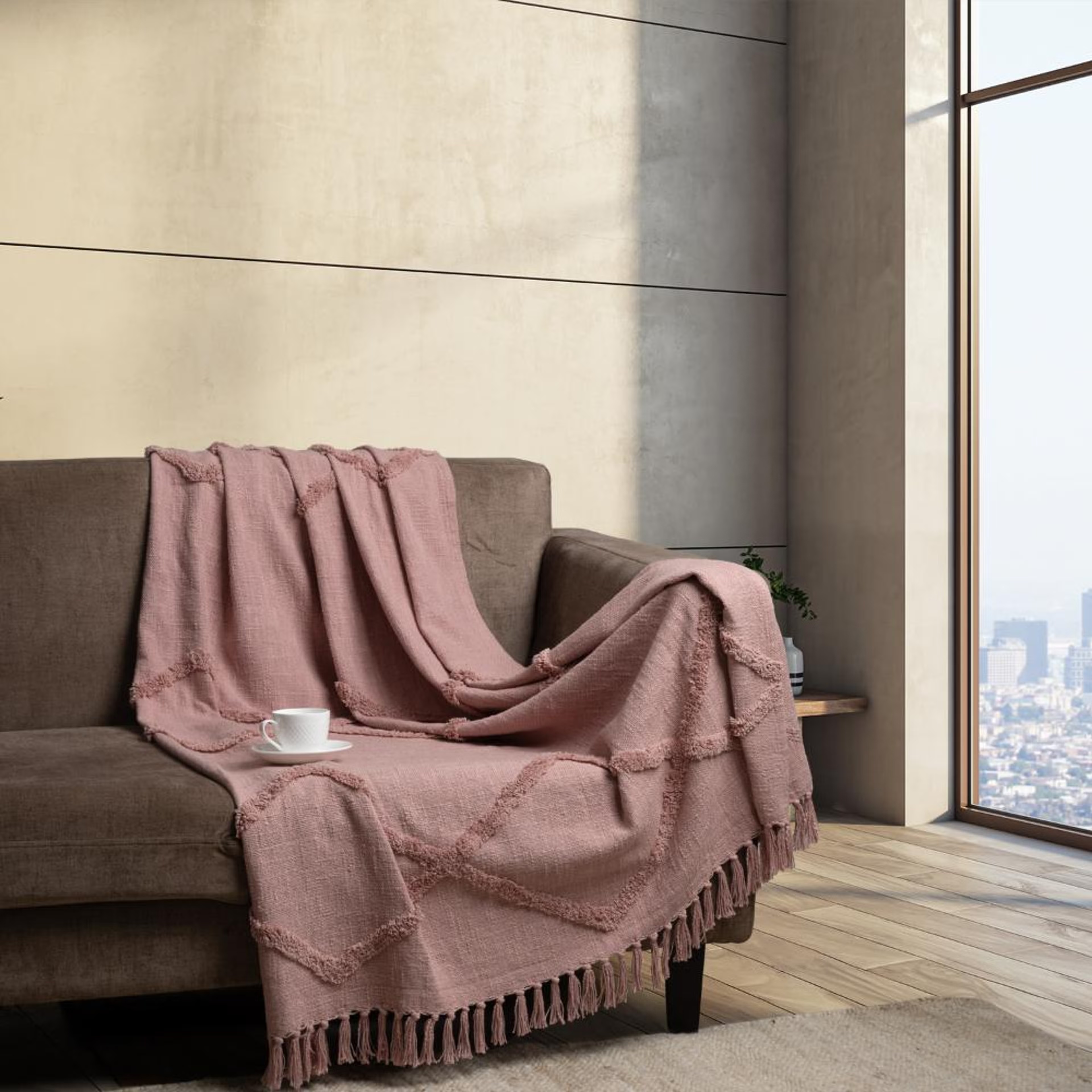100% Cotton Decorative Throw for Sofa & Chair with Tassels | Soft & Lightweight | Machine Washable | Mellow Rose 50x 60 inches | Pack of 1 Cotton, 50x60, Melow Rose