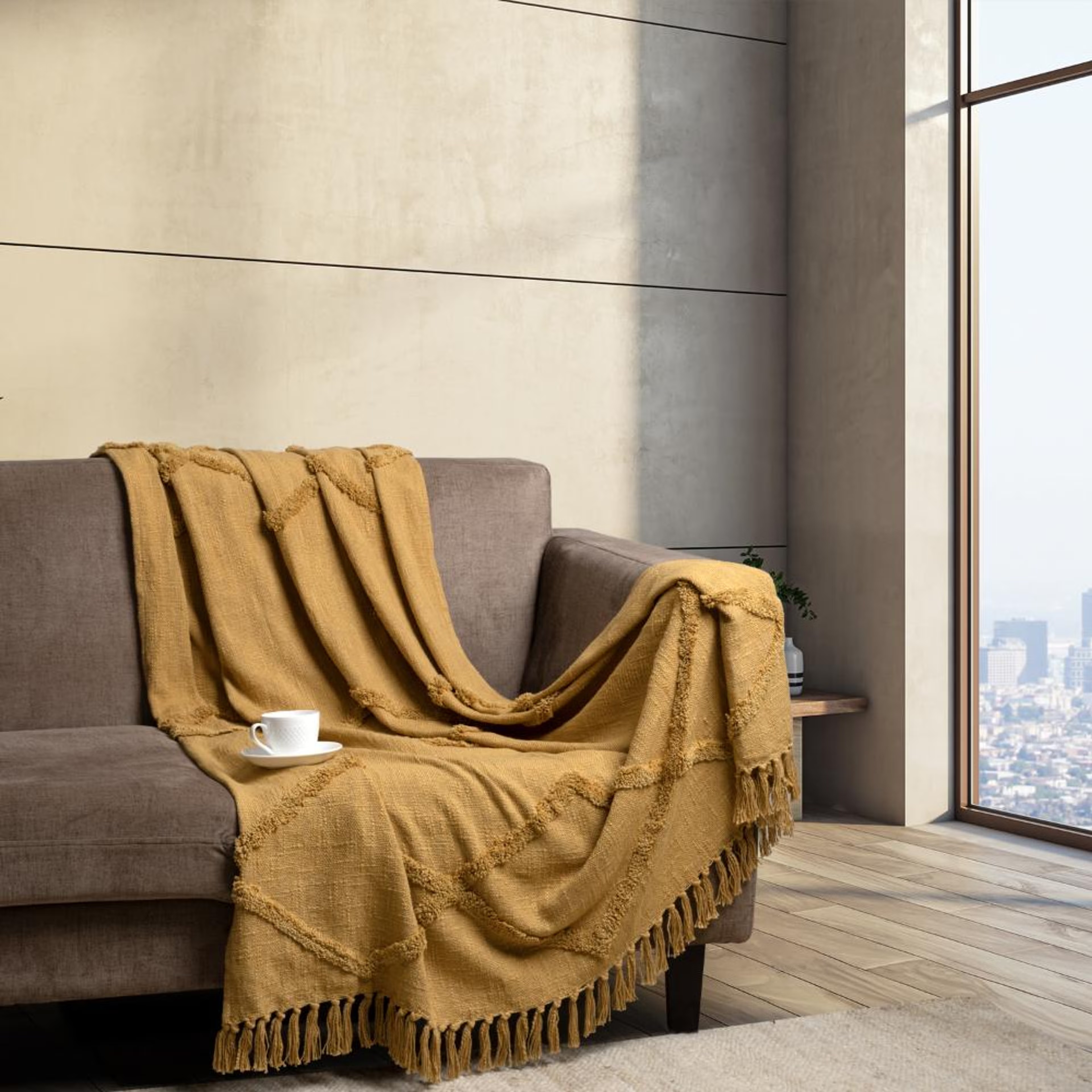 Home 34 100% Cotton Decorative Throw for Sofa & Chair with Tassels | Soft & Lightweight | Machine Washable | Honey yellow 50x 60 inches | Pack of 1 Cotton, 50x60, Honey Yellow