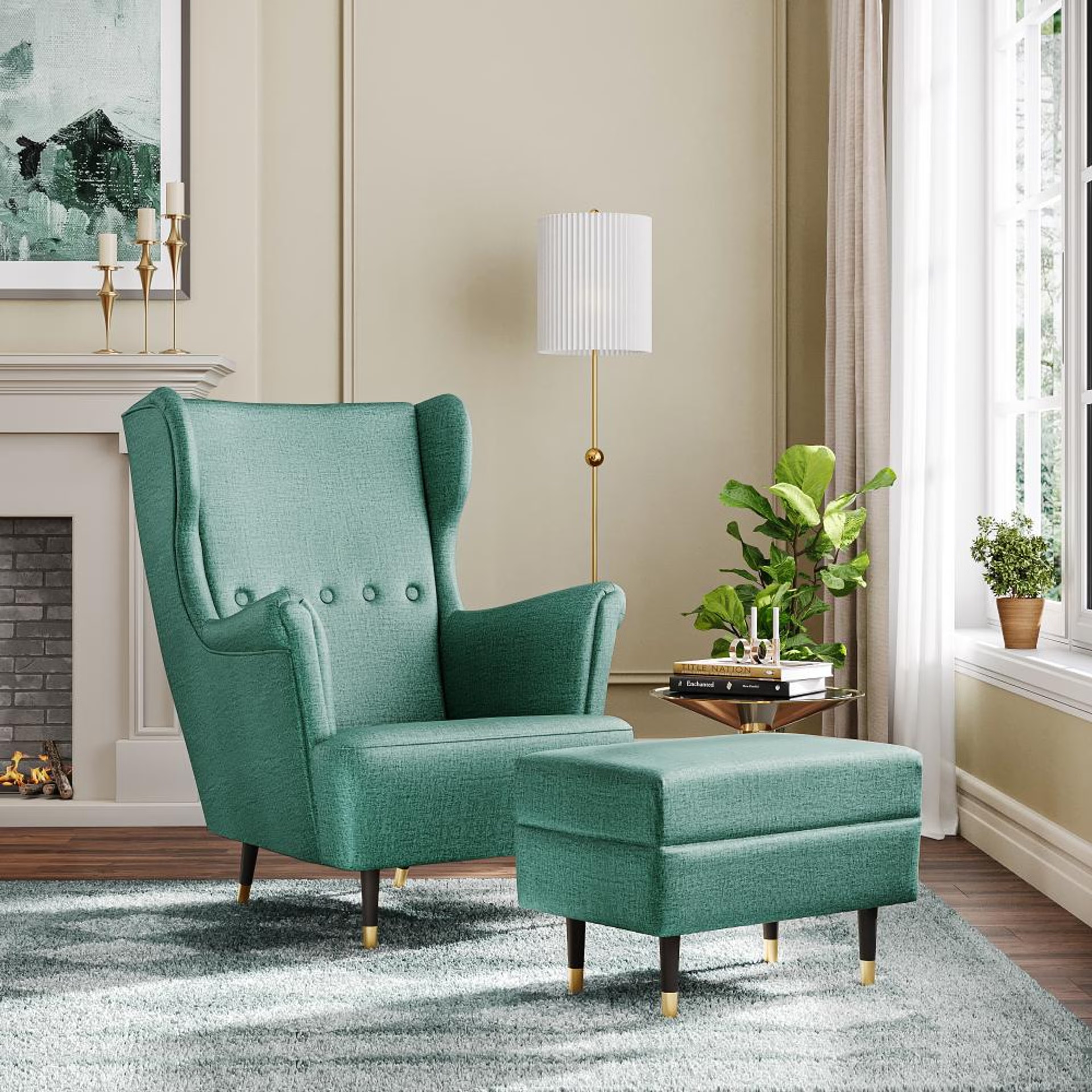Home 25 Wakefit Nicco Wing Chair + Ottoman - Aqua Blue with ottoman, Aqua Blue