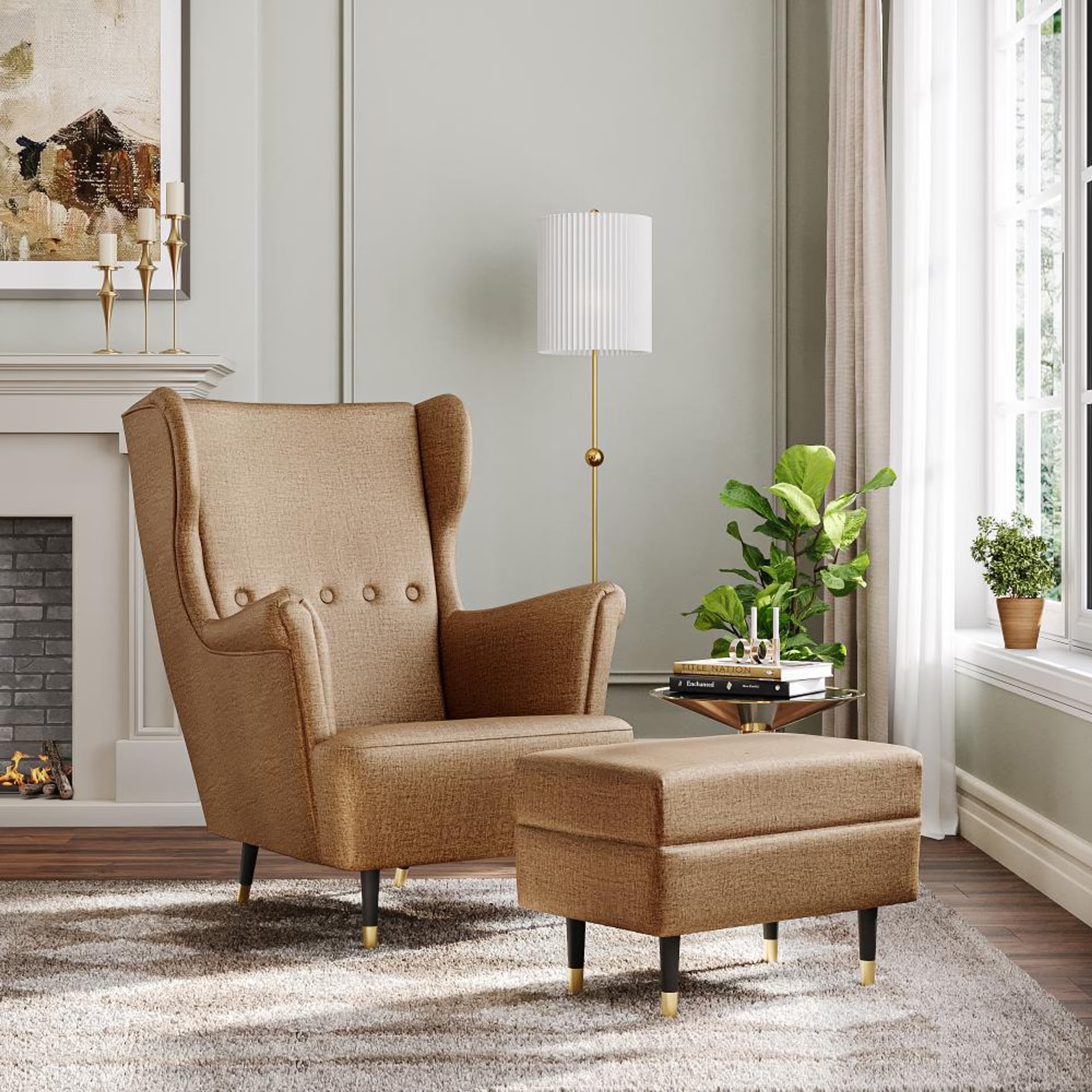 Wakefit Nicco Wing Chair + Ottoman - Mocha Brown with ottoman, Mocha Brown