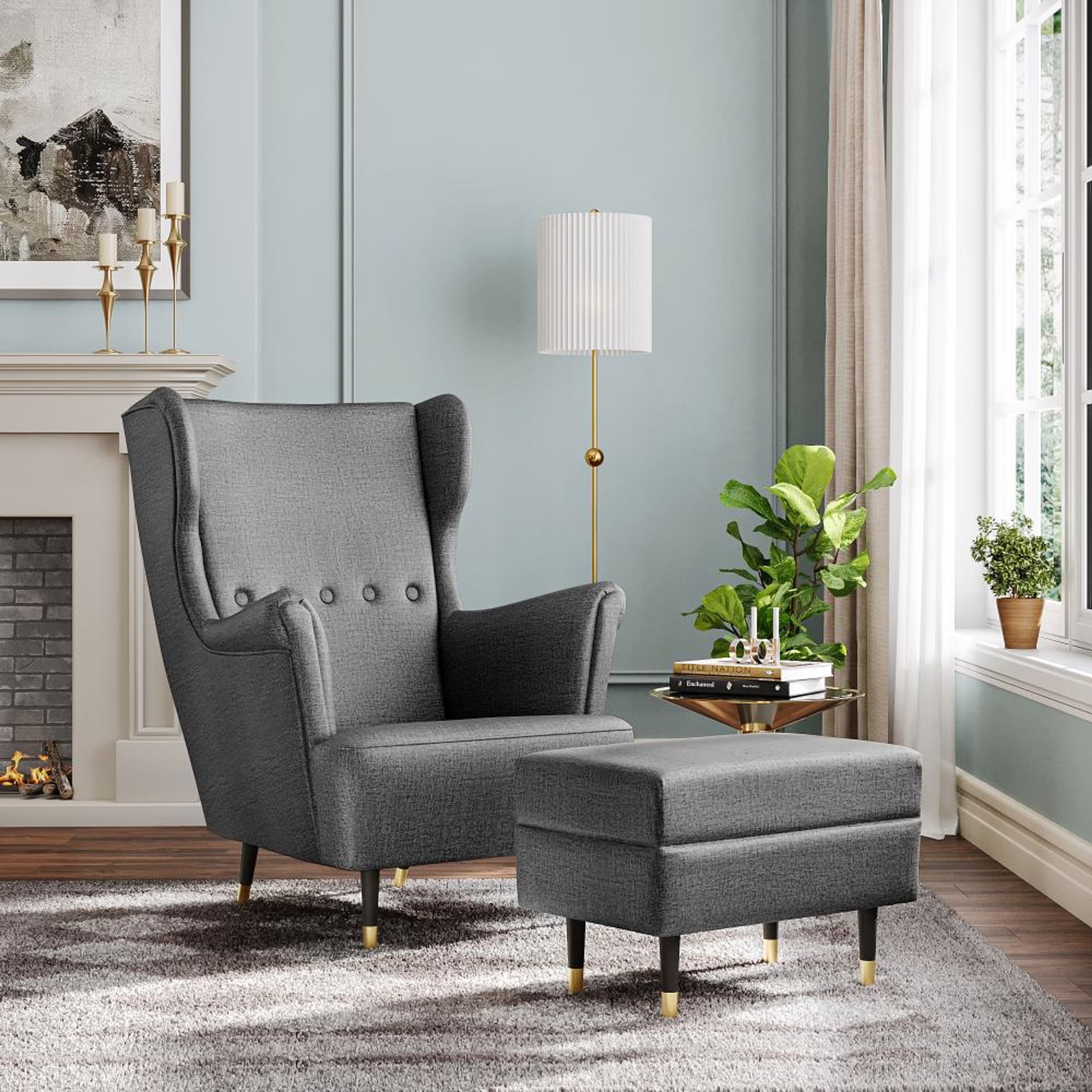 Home 41 Wakefit Nicco Wing Chair + Ottoman - Charcoal Grey with ottoman, Charcoal Grey