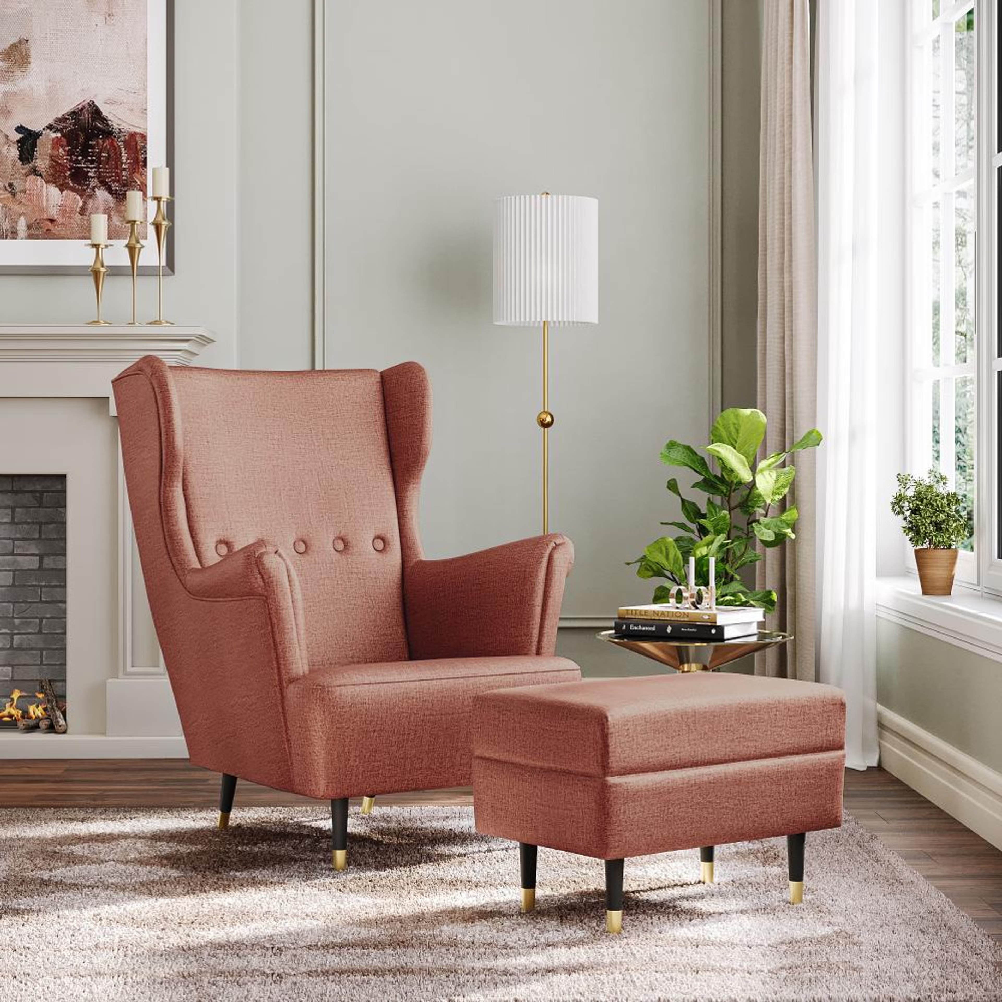 Wakefit Nicco Wing Chair + Ottoman - Rose Brown with ottoman, Rose Brown
