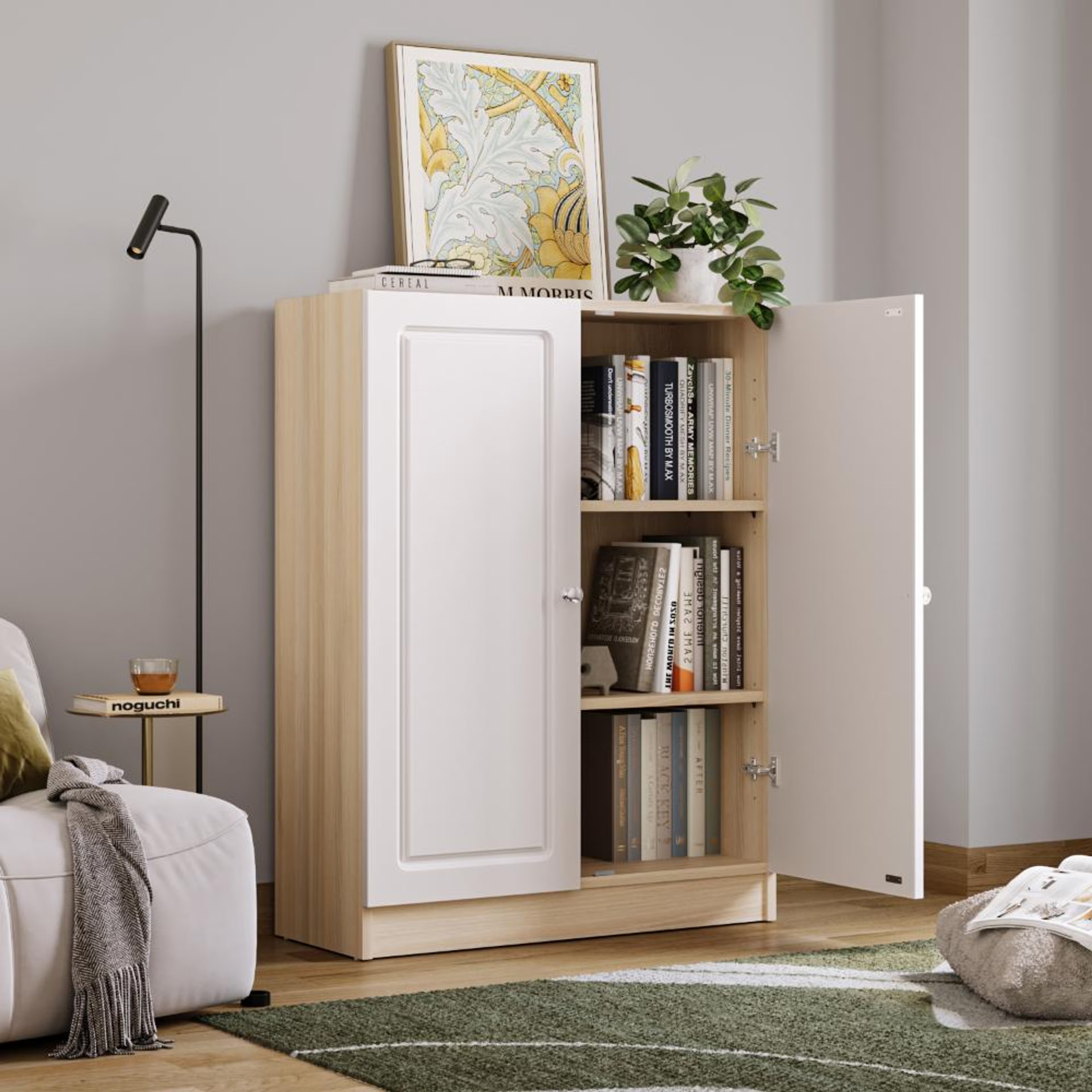 Home 33 Wakefit Huxley 3-Big Shelves Bookshelf - Wood Shutter - Moldau Acacai Carcass + White Shutters 3 shelves, Without Glass, Moldau Acacia & Frosty White