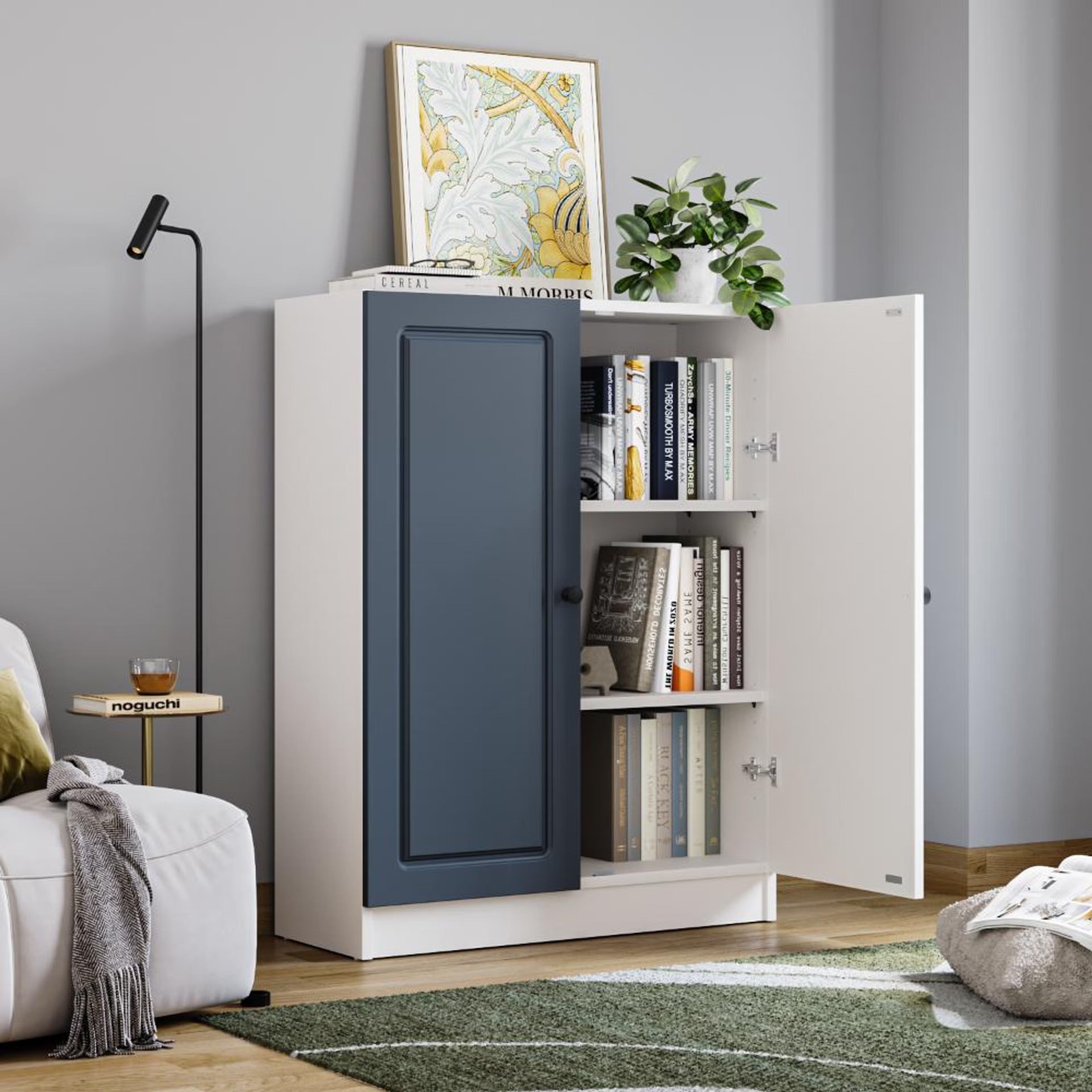 Wakefit Huxley 3-Big Shelves Bookshelf - Wood Shutter - White carcass + Blue shutters 3 shelves, Without Glass, Frosty White & Dark Blue