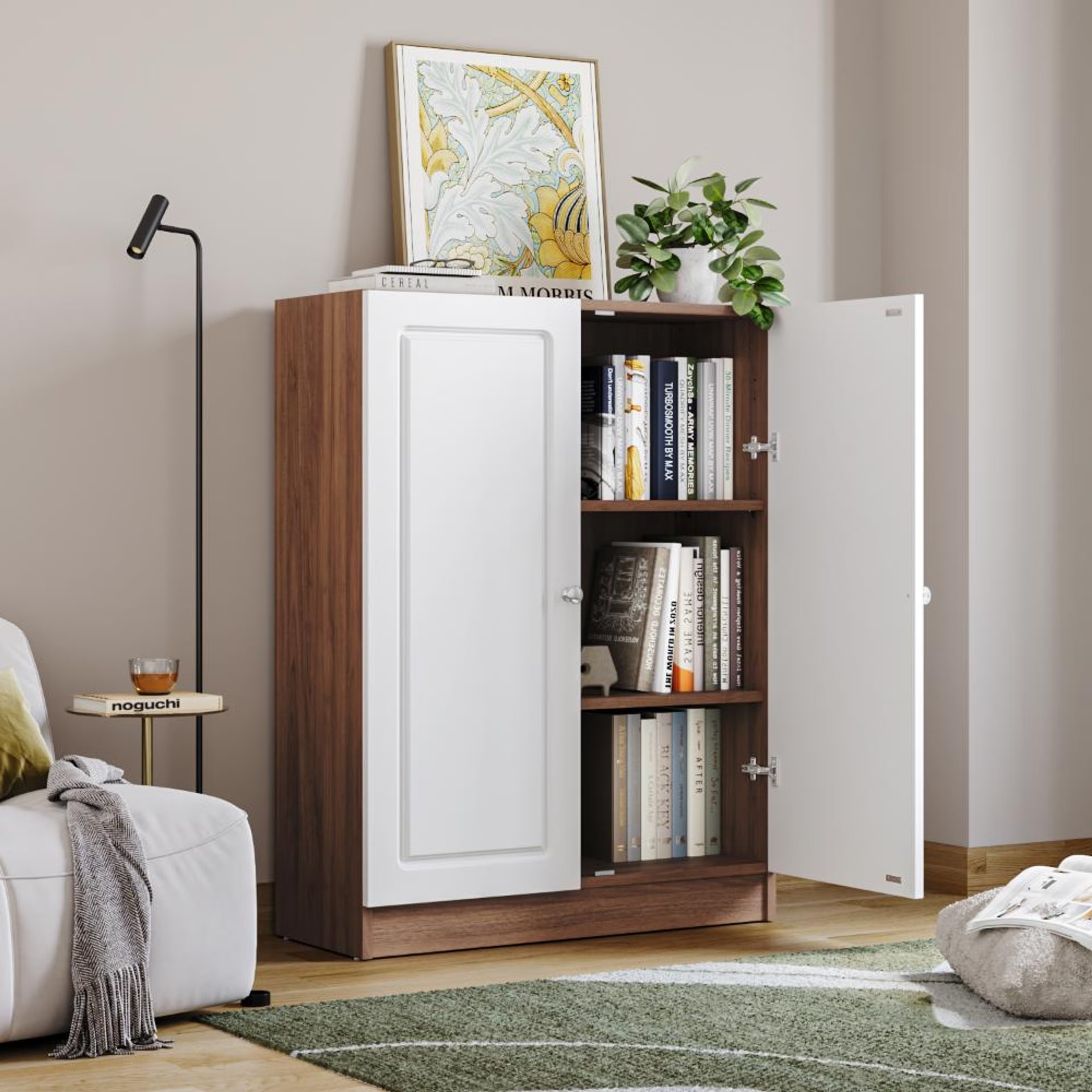 Wakefit Huxley 3-Big Shelves Bookshelf - Wood Shutter - Columbian walnut carcass + White shutters 3 shelves, Without Glass, Columbian Walnut & Frosty White