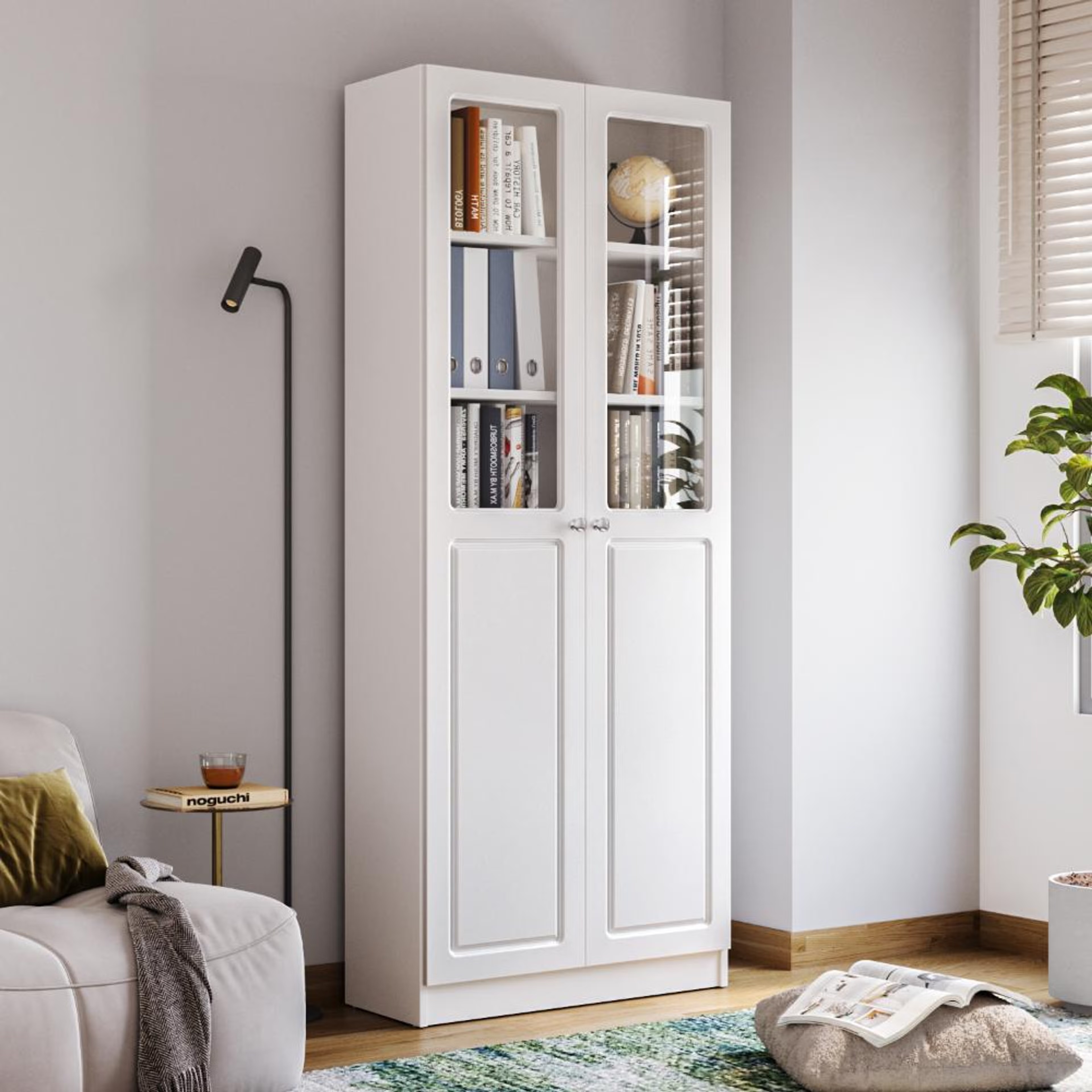 Huxley 6 Big Shelves Bookshelf - Glass + Wood Shutter - White carcass + White Shutters 6 Big Shelves, With Glass, Frosty White