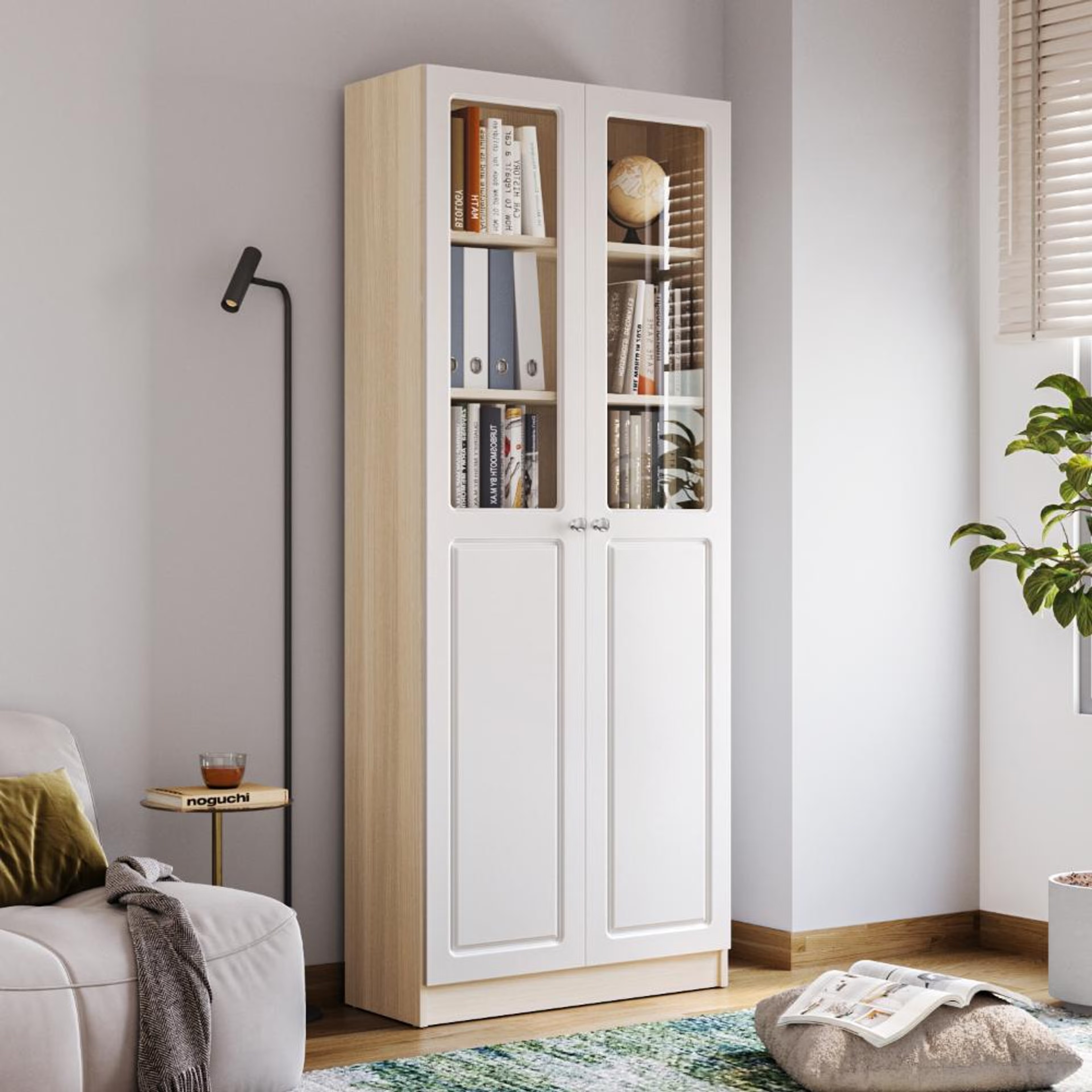 Huxley 6 Big Shelves Bookshelf - Glass + Wood Shutter - Moldau Acacai Carcass + White Shutters 6 Big Shelves, With Glass, Moldau Acacia & Frosty White