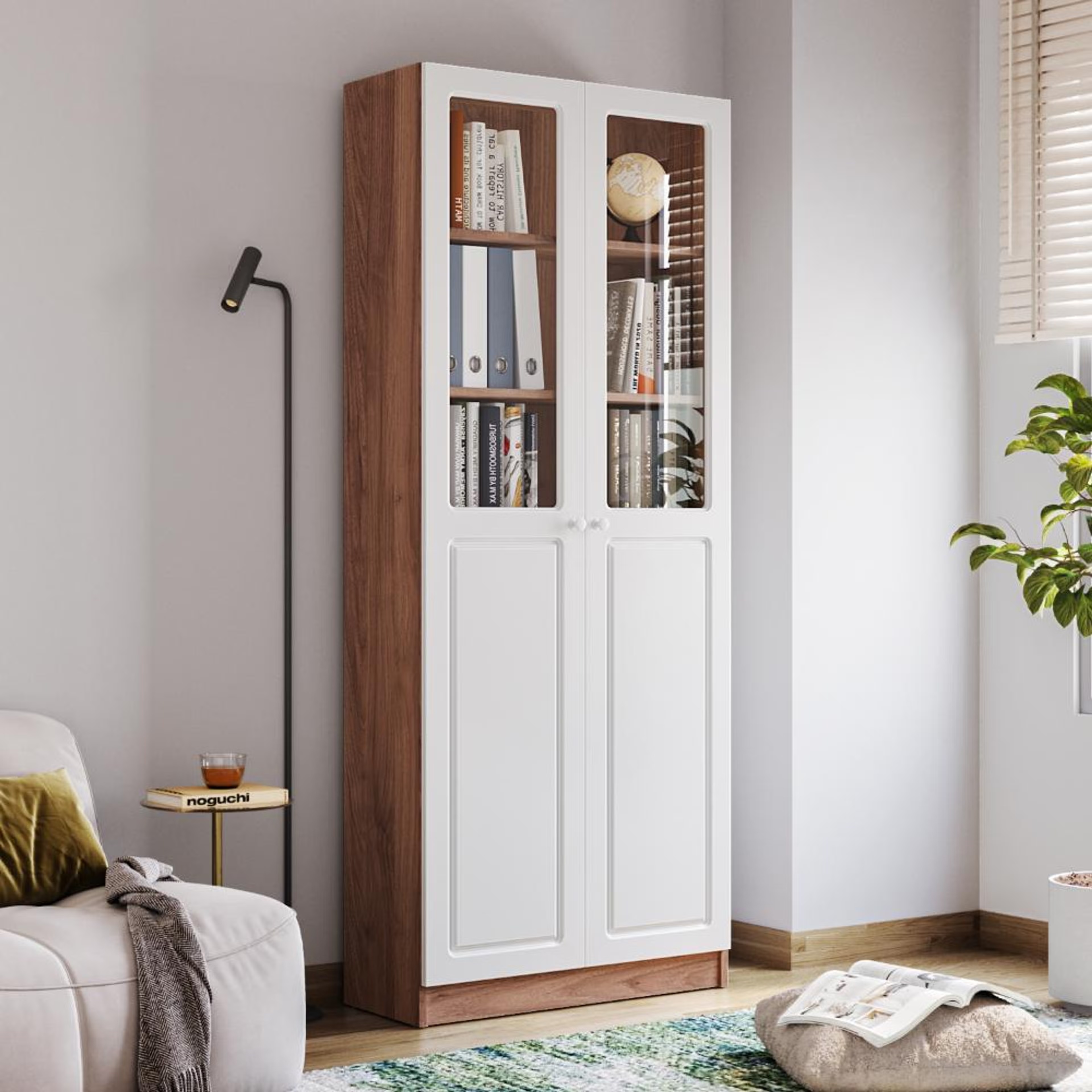 Huxley 6 Big Shelves Bookshelf - Glass + Wood Shutter - Columbian walnut carcass + White shutters 6 Big Shelves, With Glass, Columbian Walnut & Frosty White