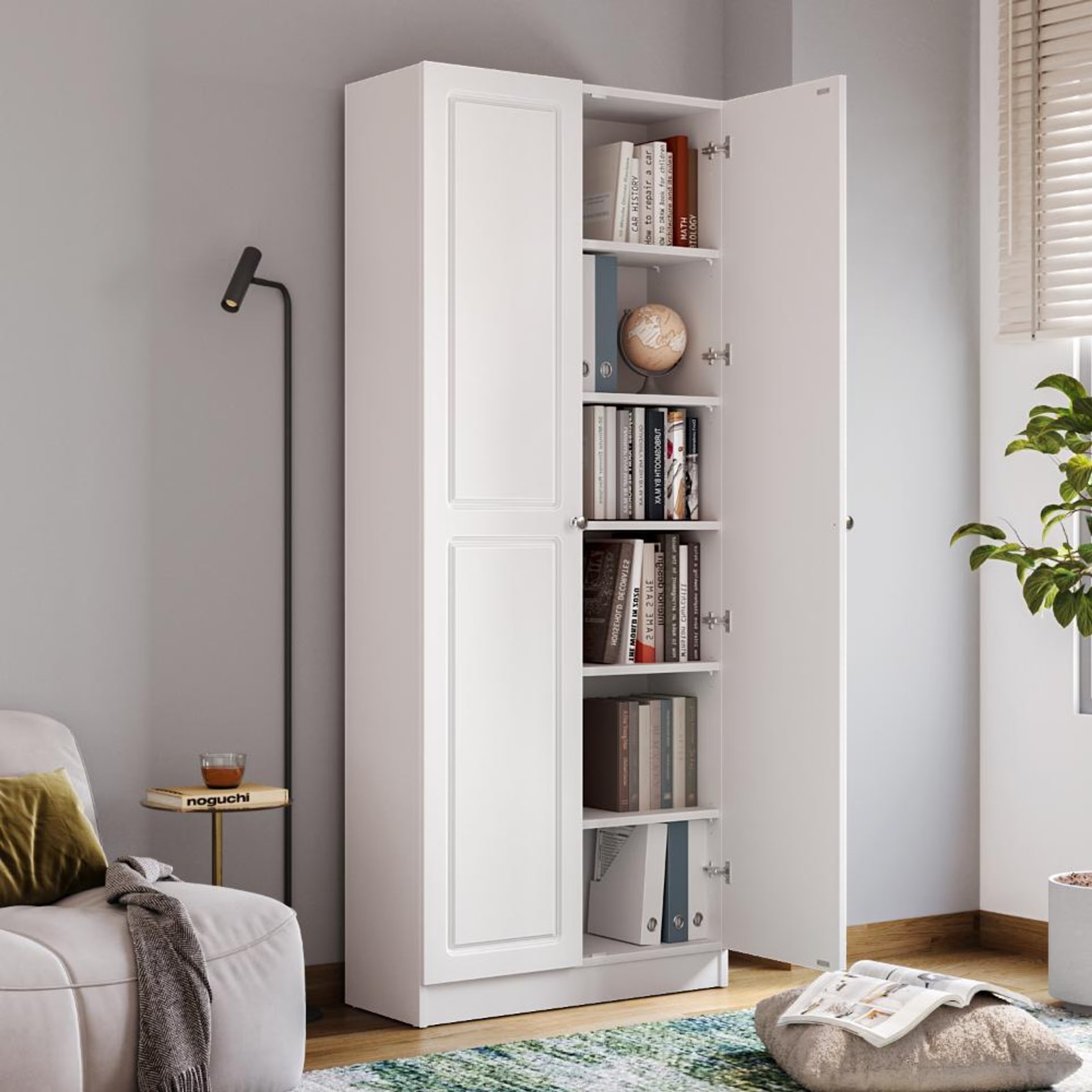 Huxley 6 Big Shelves Bookshelf - Wood Shutter + Wood Shutter - White carcass + White Shutters 6 Big Shelves, Without Glass, Frosty White