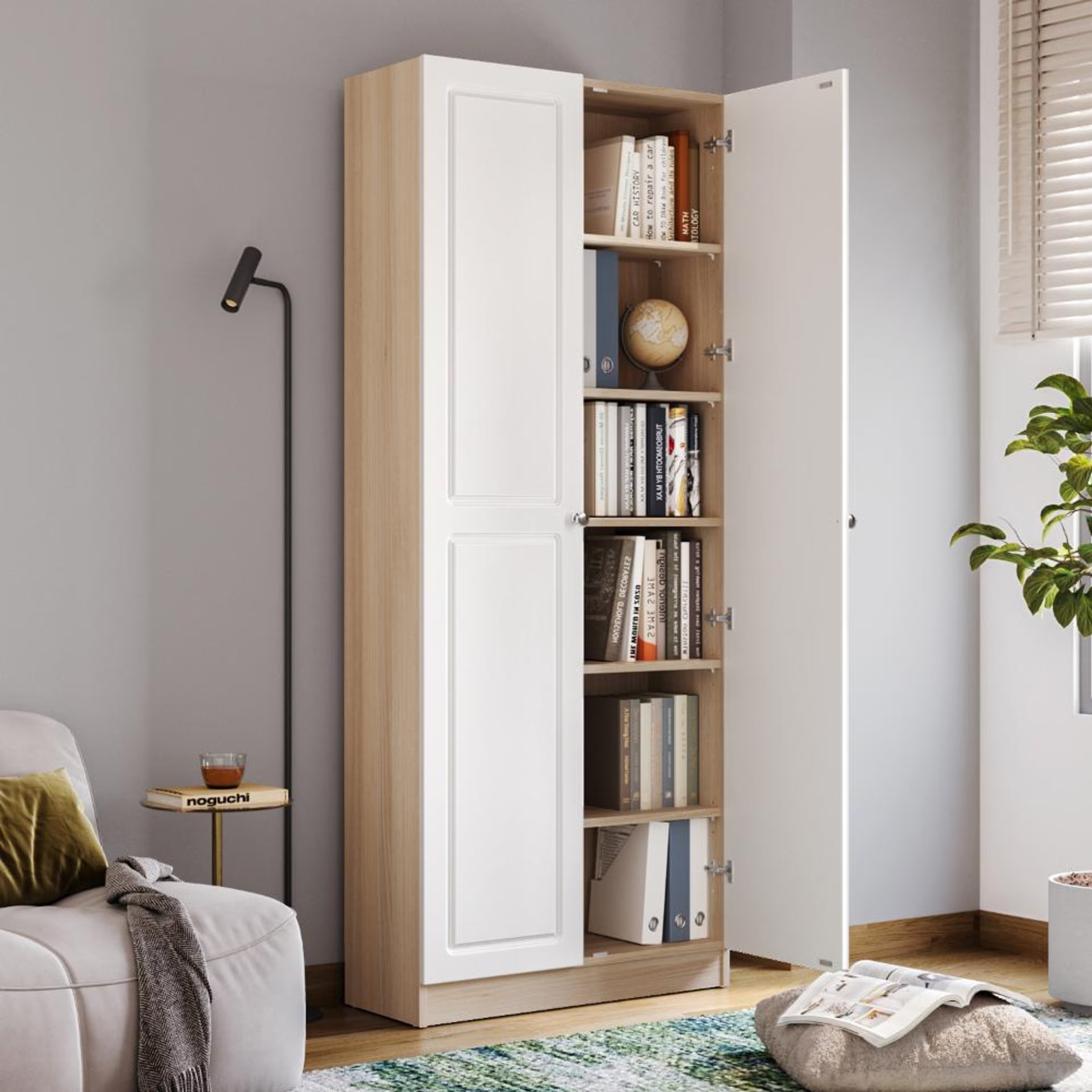 Huxley 6 Big Shelves Bookshelf - Wood Shutter + Wood Shutter- Moldau Acacai Carcass + White Shutters 6 Big Shelves, Without Glass, Moldau Acacia & Frosty White