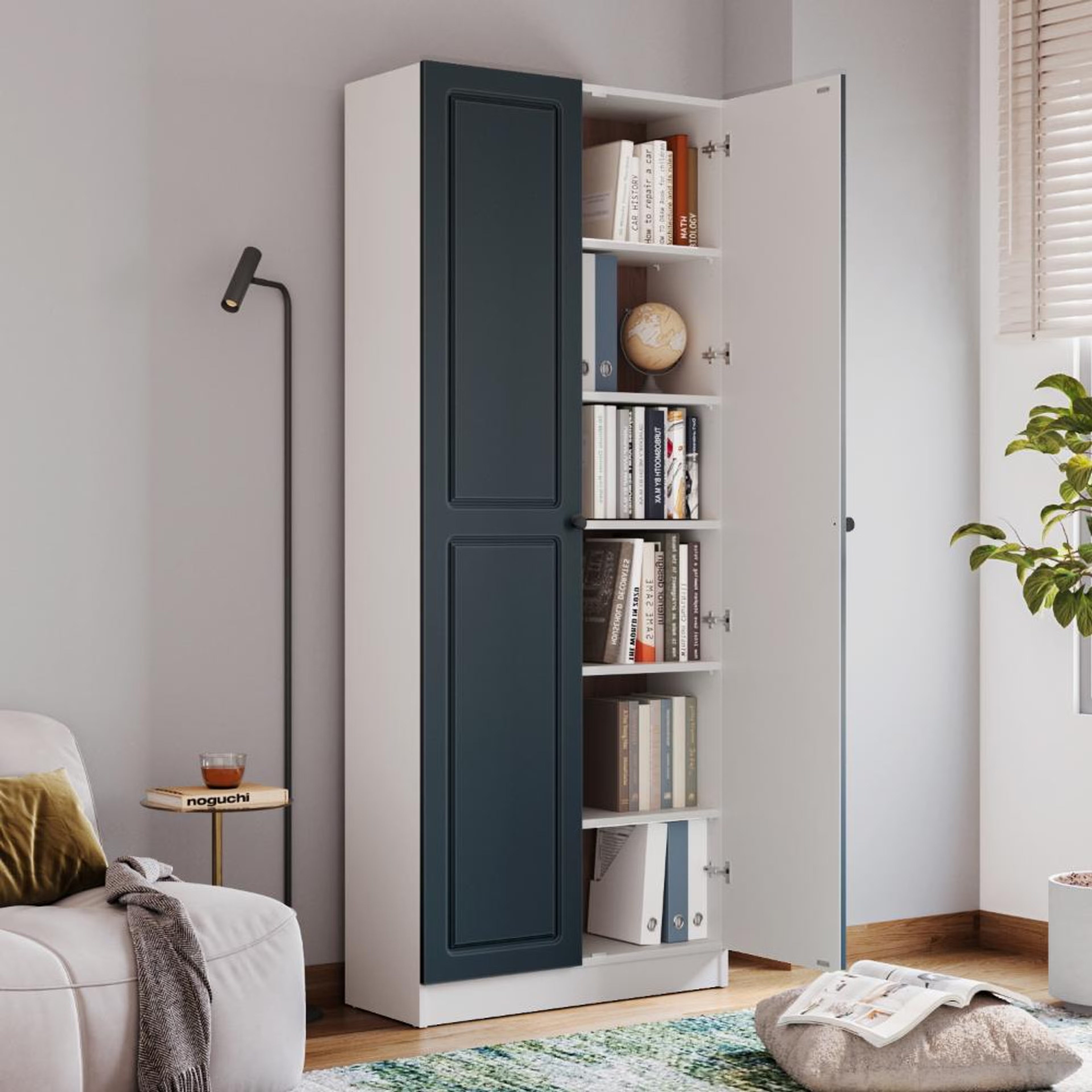 Huxley 6 Big Shelves Bookshelf - Wood Shutter + Wood Shutter - White carcass + Blue shutters 6 Big Shelves, Without Glass, Frosty White & Dark Blue