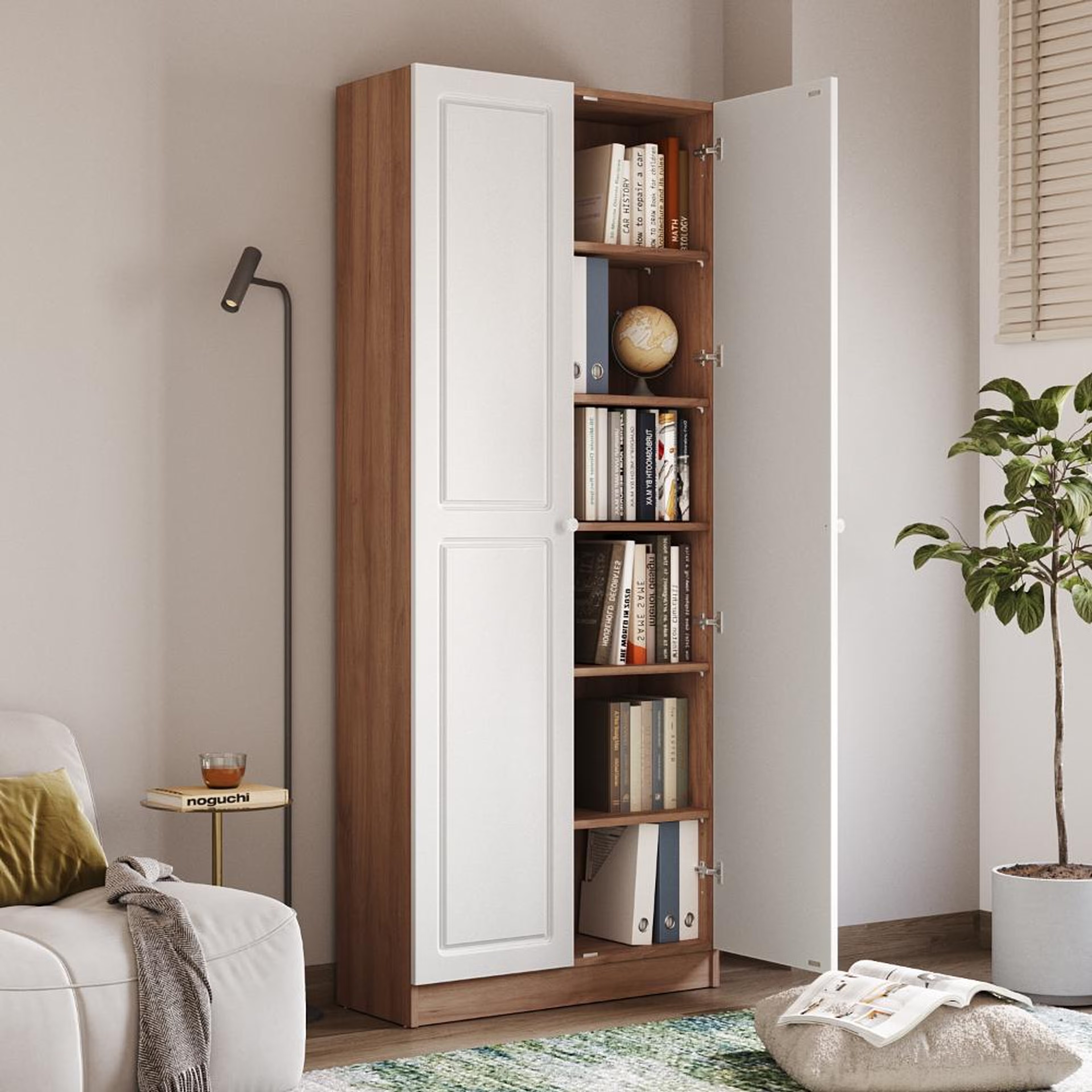 Huxley 6 Big Shelves Bookshelf - Wood Shutter + Wood Shutter - Columbian walnut carcass + White shutters 6 Big Shelves, Without Glass, Columbian Walnut & Frosty White
