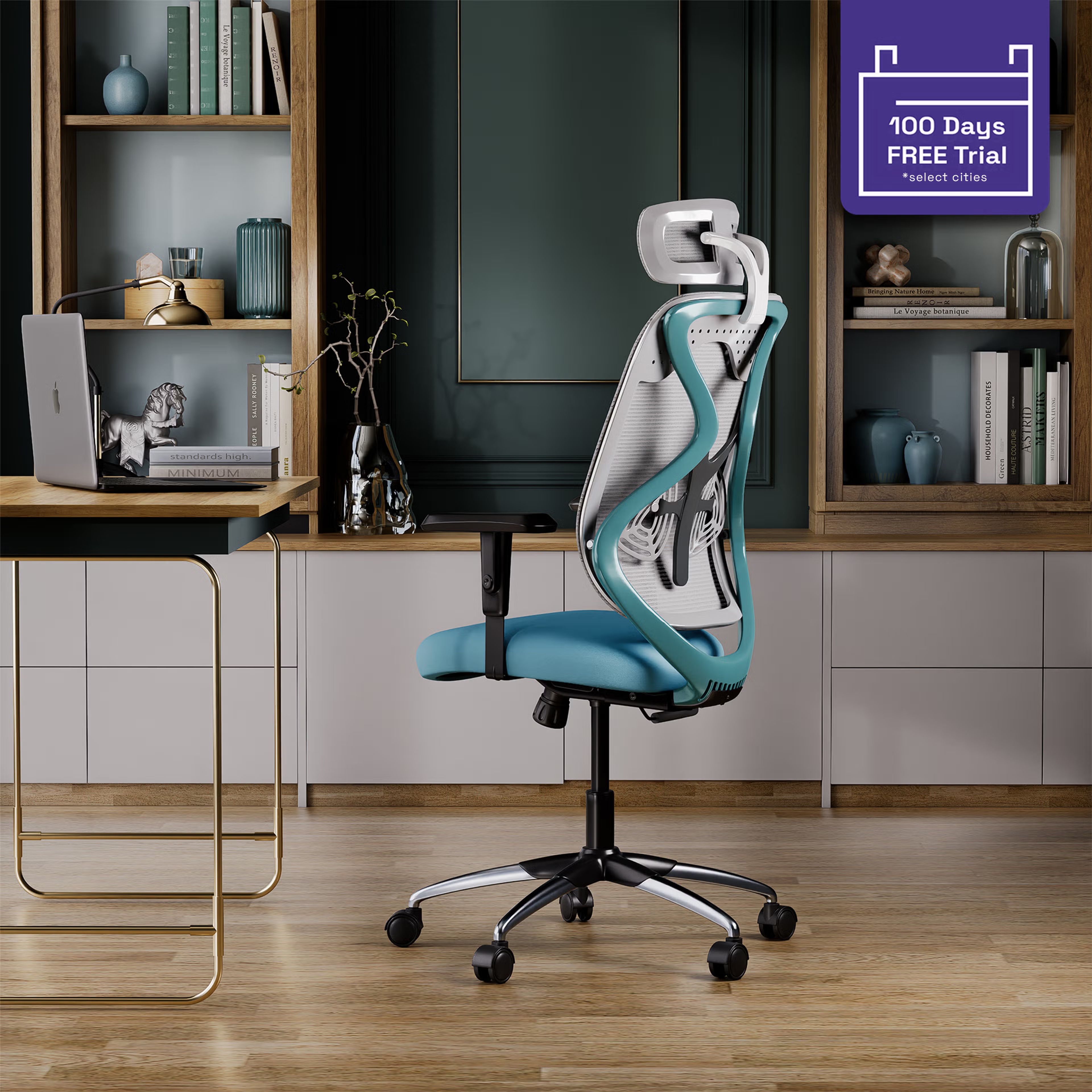 Wakefit Gravita High Back Office Chair, White and Sea Green Body, Chrome Base, Single Lock mechanism White Sea Green, Single Lock, Chrome Base