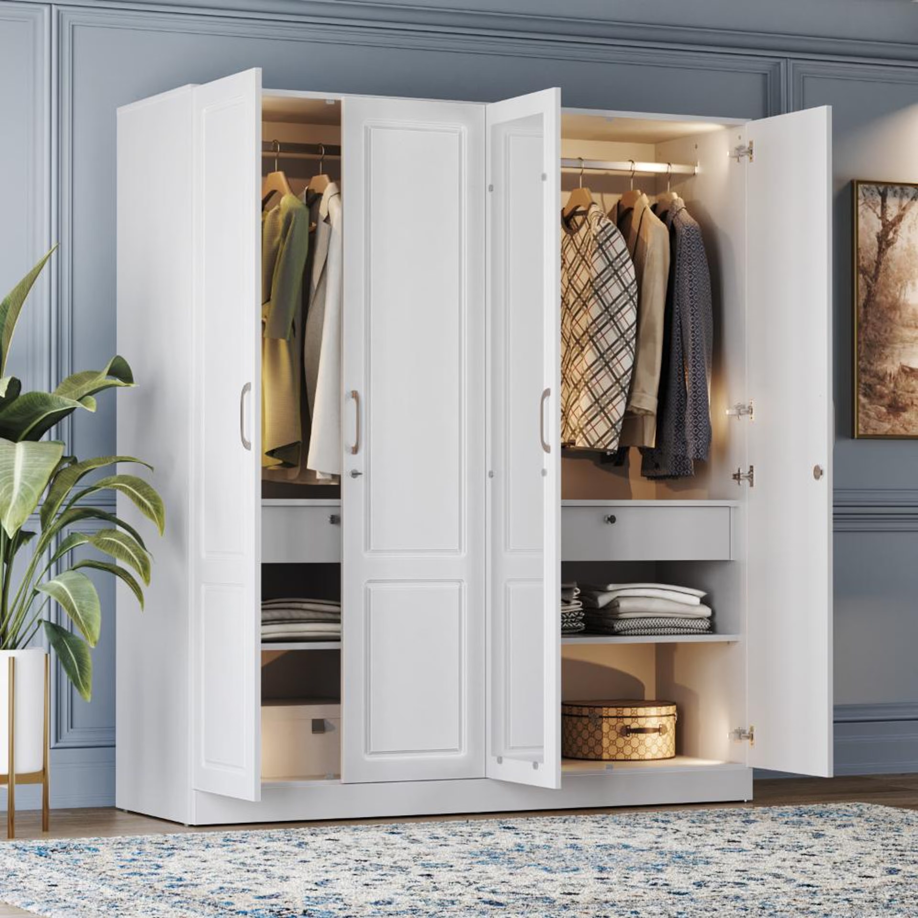 Home 33 Wakefit Tyrian Plus 4 Door with 4 Shelves 2 Drawers 2 Hanging Areas 1 Mirror SH1-Carcass: Frosty White Shutter: White 4 Door, 4 Shelves, 2 Drawers, With Mirror, 2 Hanging Area, Shutter Design 1, Frosty White