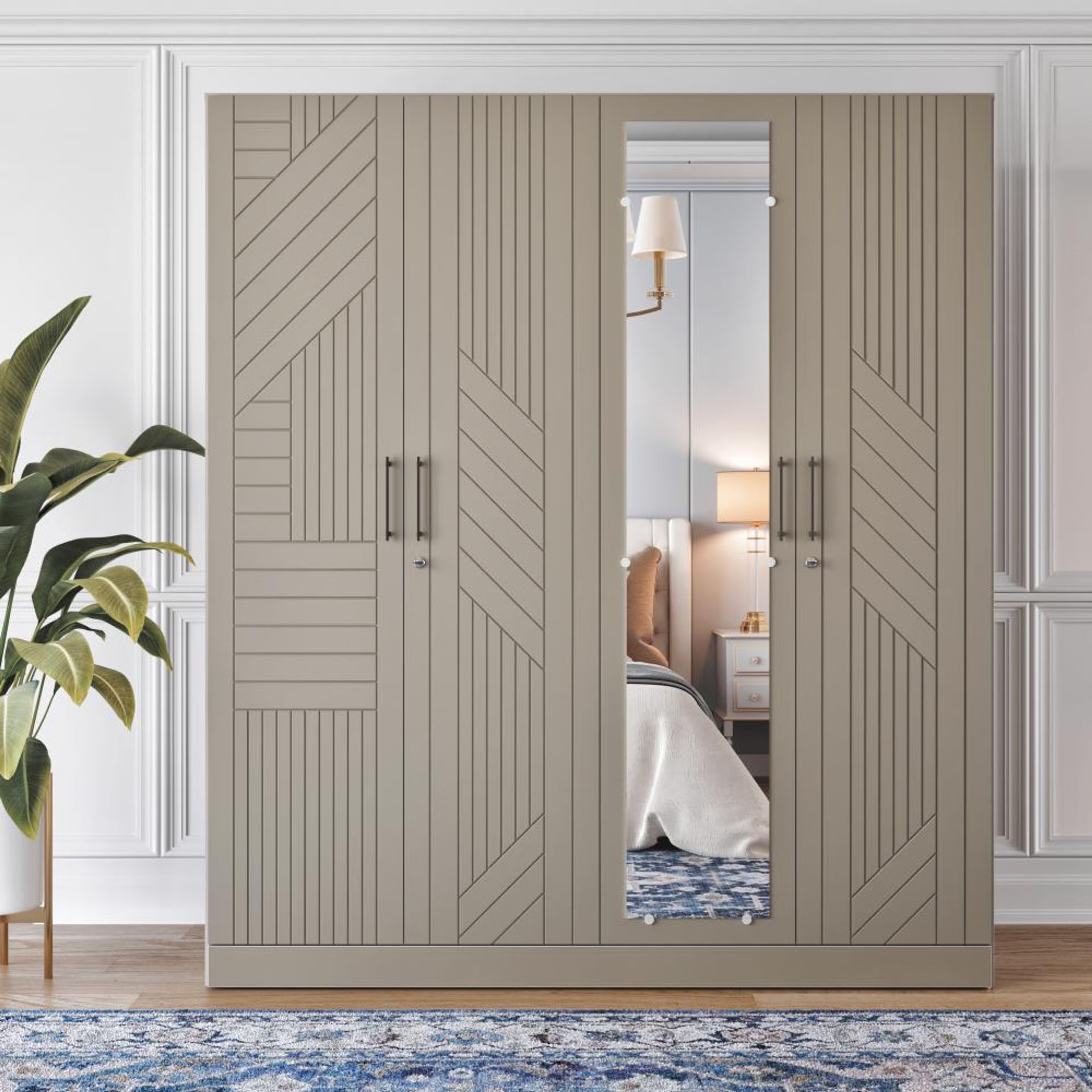 Wakefit Tyrian Plus 4 Door with 4 Shelves 2 Drawers 2 Hanging Areas 1 Mirror SH2-Carcass: Pumic Grey Shutter: Creamy Brown 4 Door, 4 Shelves, 2 Drawers, With Mirror, 2 Hanging Area, Shutter Design 2, Pumic Grey & Creamy Brown