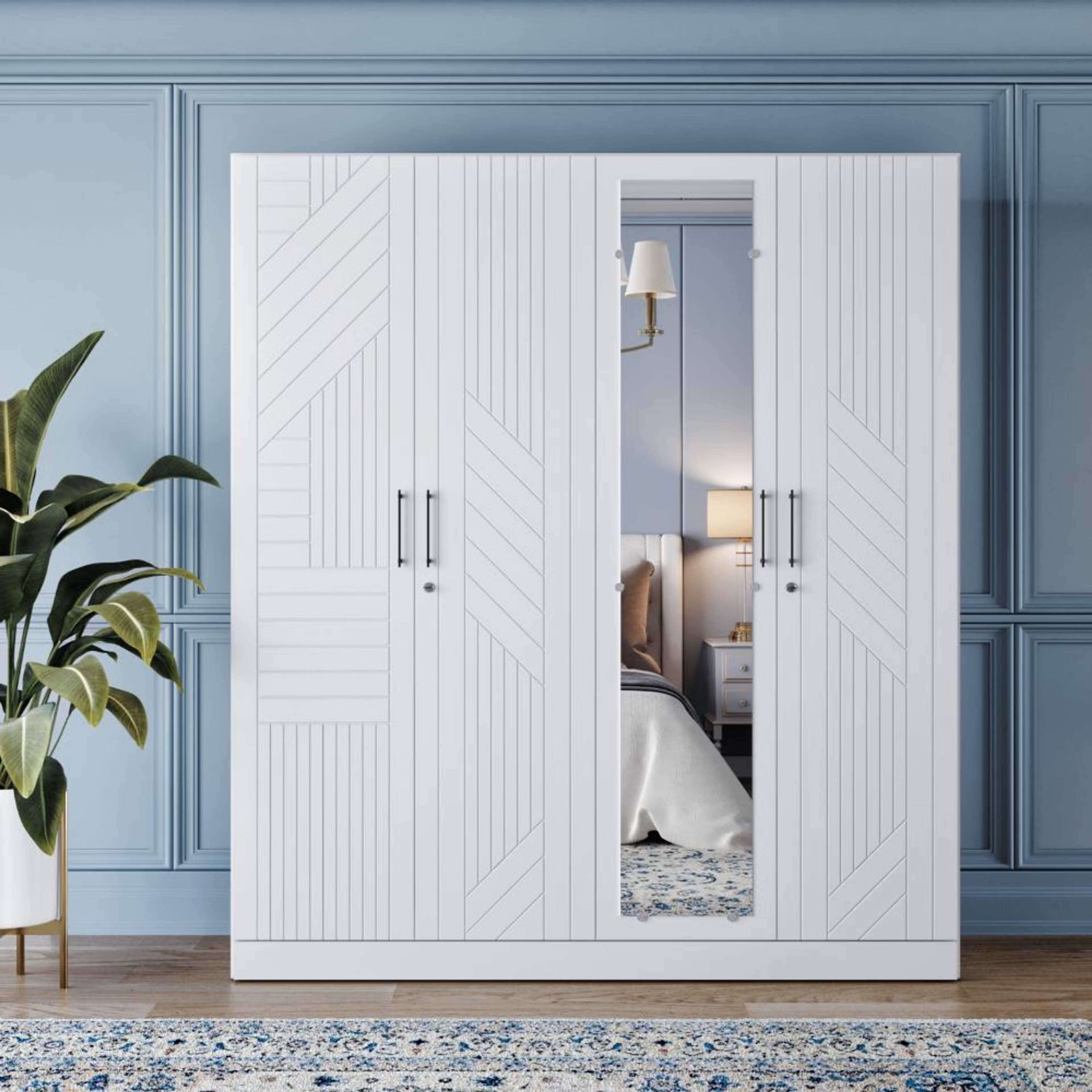 Wakefit Tyrian Plus 4 Door with 4 Shelves 2 Drawers 2 Hanging Areas1 Mirror SH2-Carcass: Frosty White Shutter: White 4 Door, 4 Shelves, 2 Drawers, With Mirror, 2 Hanging Area, Shutter Design 2, Frosty White
